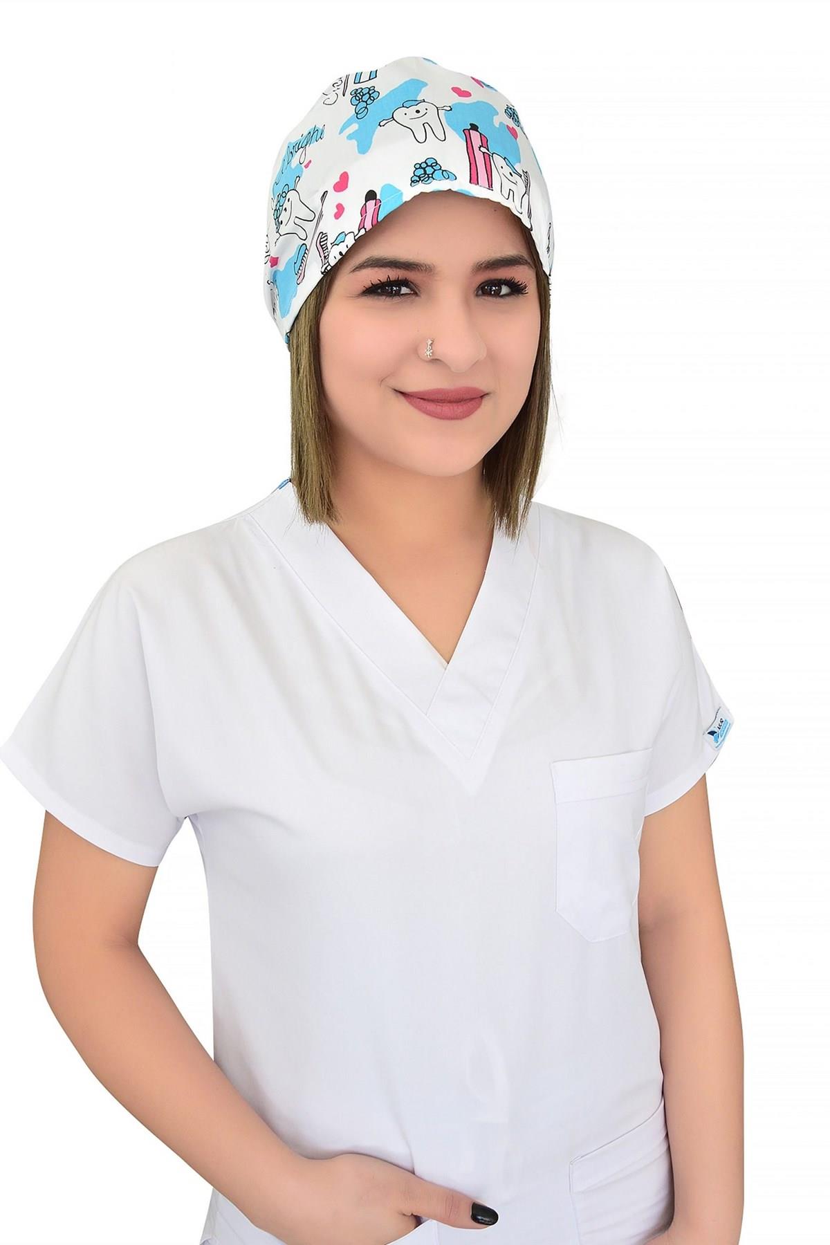 Unisex Beyaz Diş Desenli Cerrahi Bone Doktor Hemşire Saç Bonesi-Nur Medikal Giyim