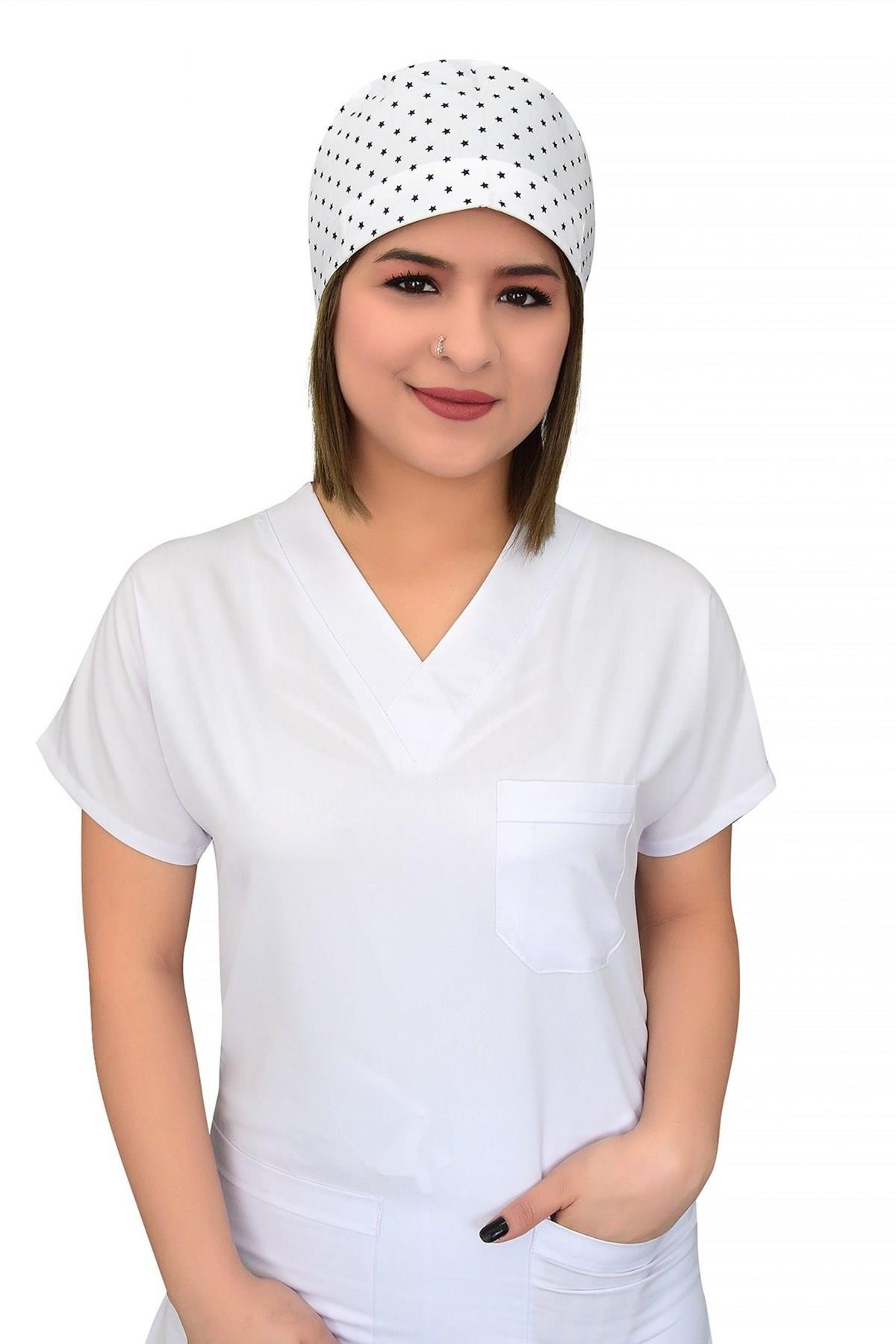 Unisex Beyaz Yıldız Desenli Cerrahi Bone Doktor Hemşire Saç Bonesi-Nur Medikal Giyim