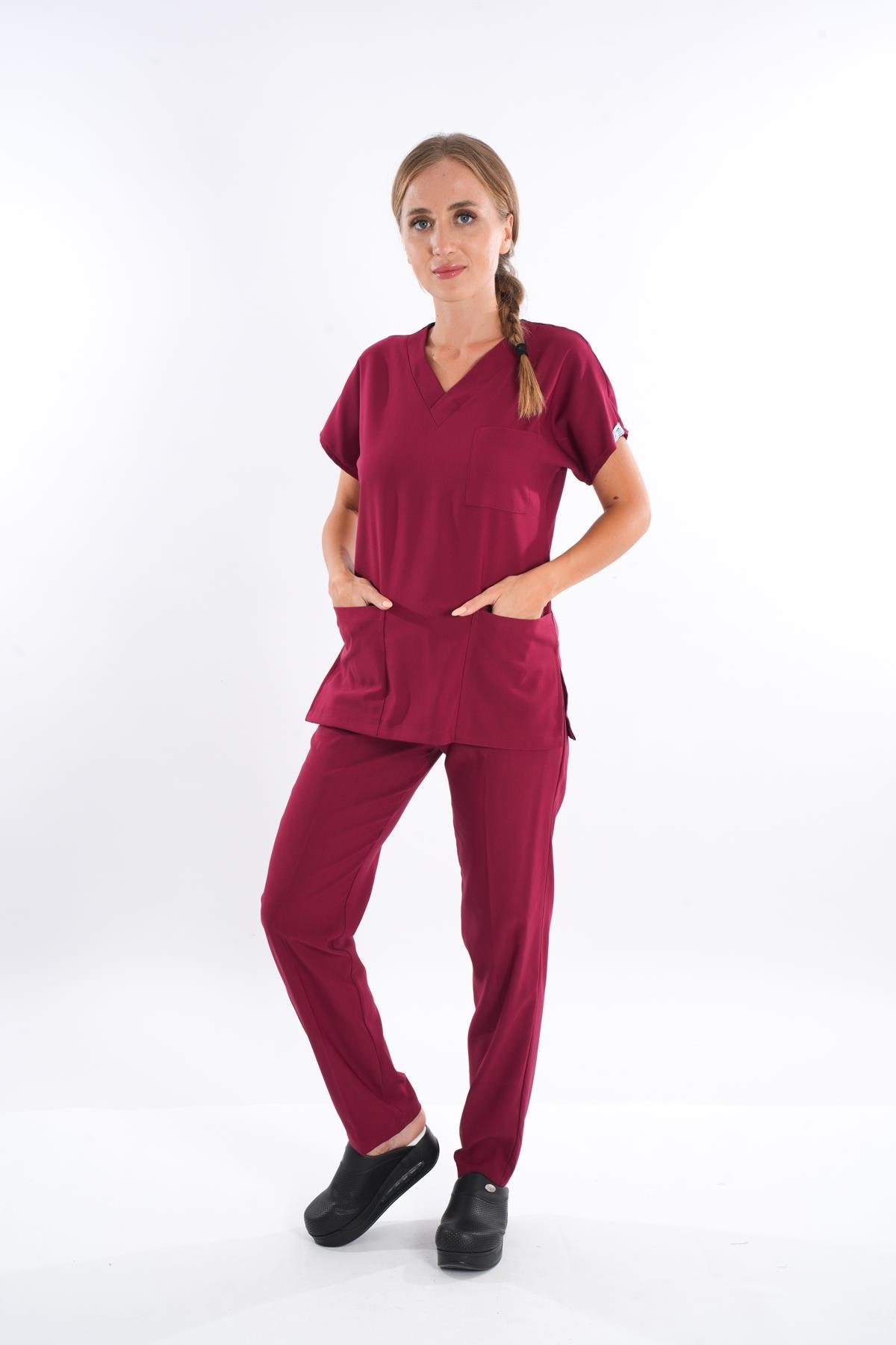Unisex Bordo Terikoton Doktor Hemşire Cerrahi Üniforma Takım Scrubs-Nur Medikal Giyim