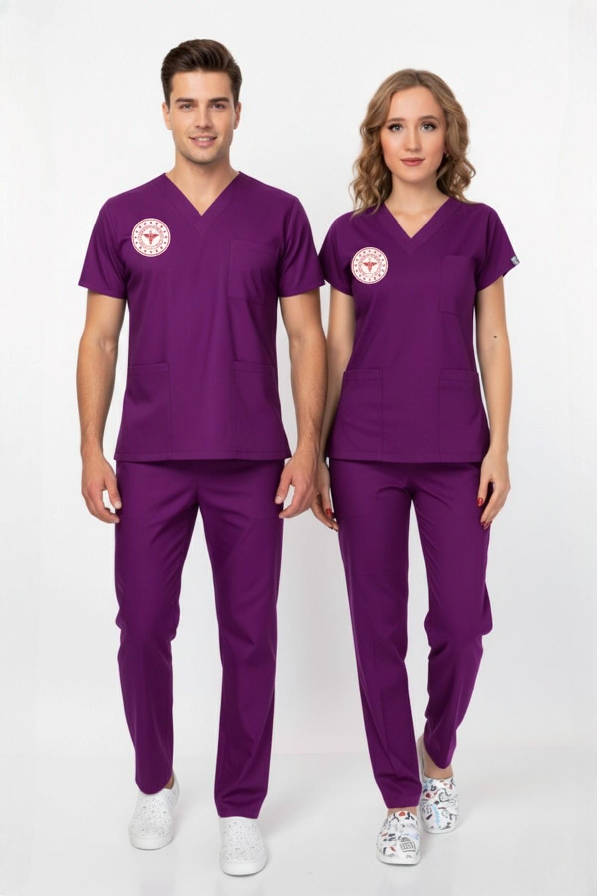 Unisex Byzantium Mor Soft Likra Scrubs Ebe Üniforma Takımı (Sağlık Bakanlığı Yeni Yönetmeliğe Uygun)-Nur Medikal Giyim