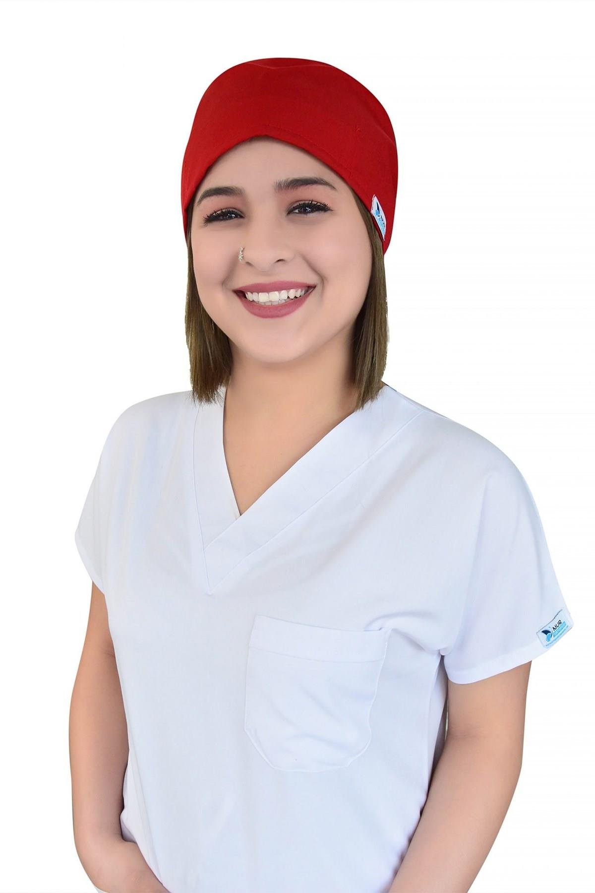 Unisex Düz Kırmızı Renk Cerrahi Bone Hemşire Doktor Saç Bonesi-Nur Medikal Giyim