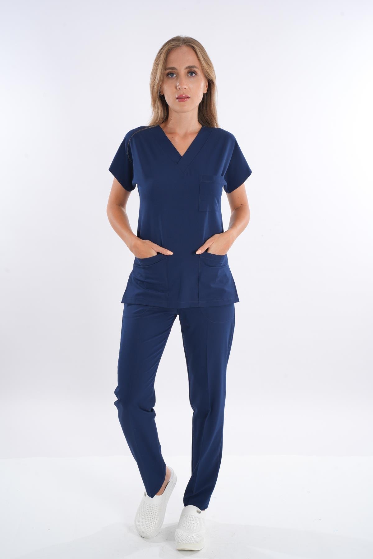 Unisex Elit Likra Lacivert Hemşire Ve Doktor Üniforma Takımı Scrubs-Nur Medikal Giyim