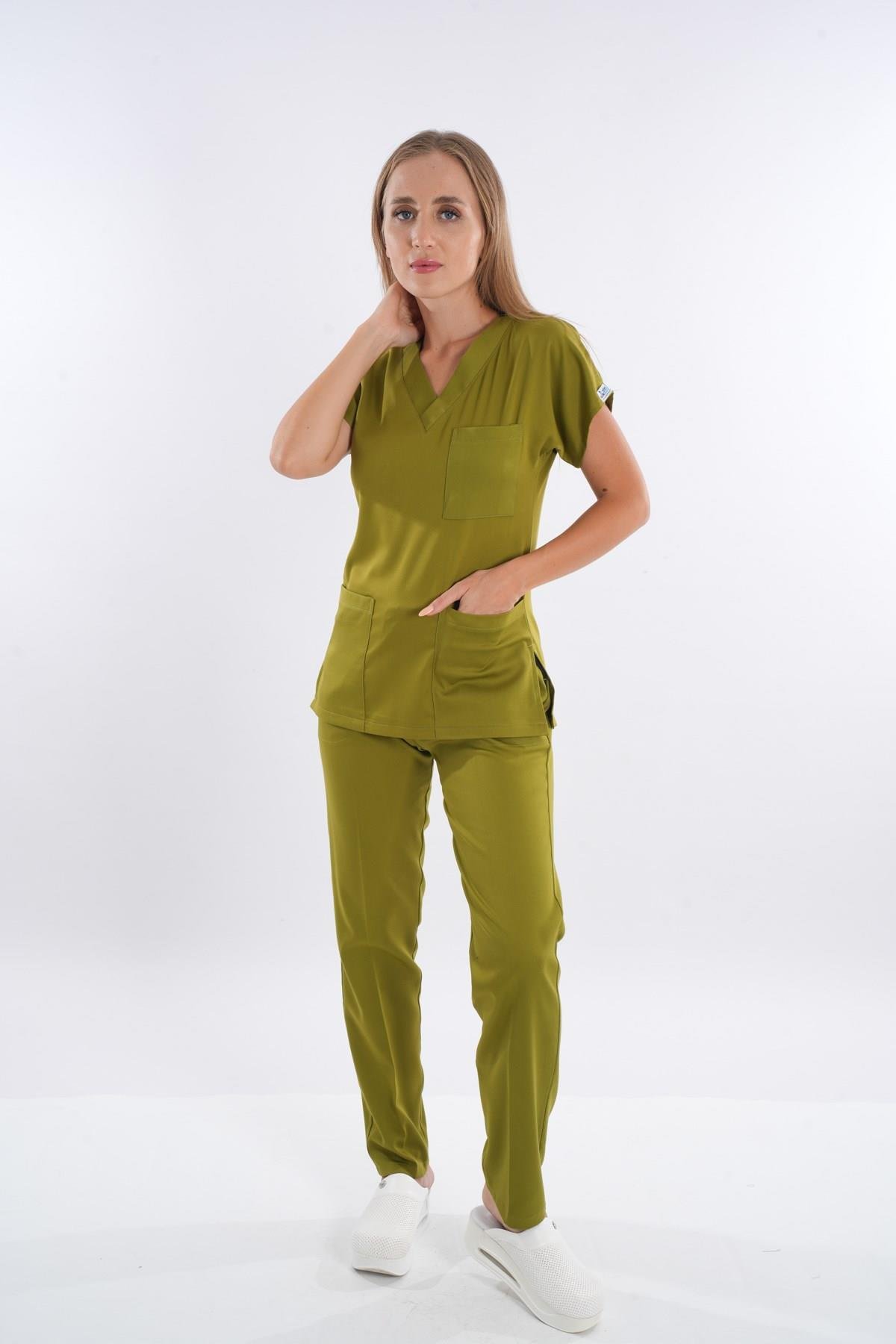 Unisex Elit Likra Yağ Yeşili Hemşire Ve Doktor Üniforma Takımı Scrubs-Nur Medikal Giyim