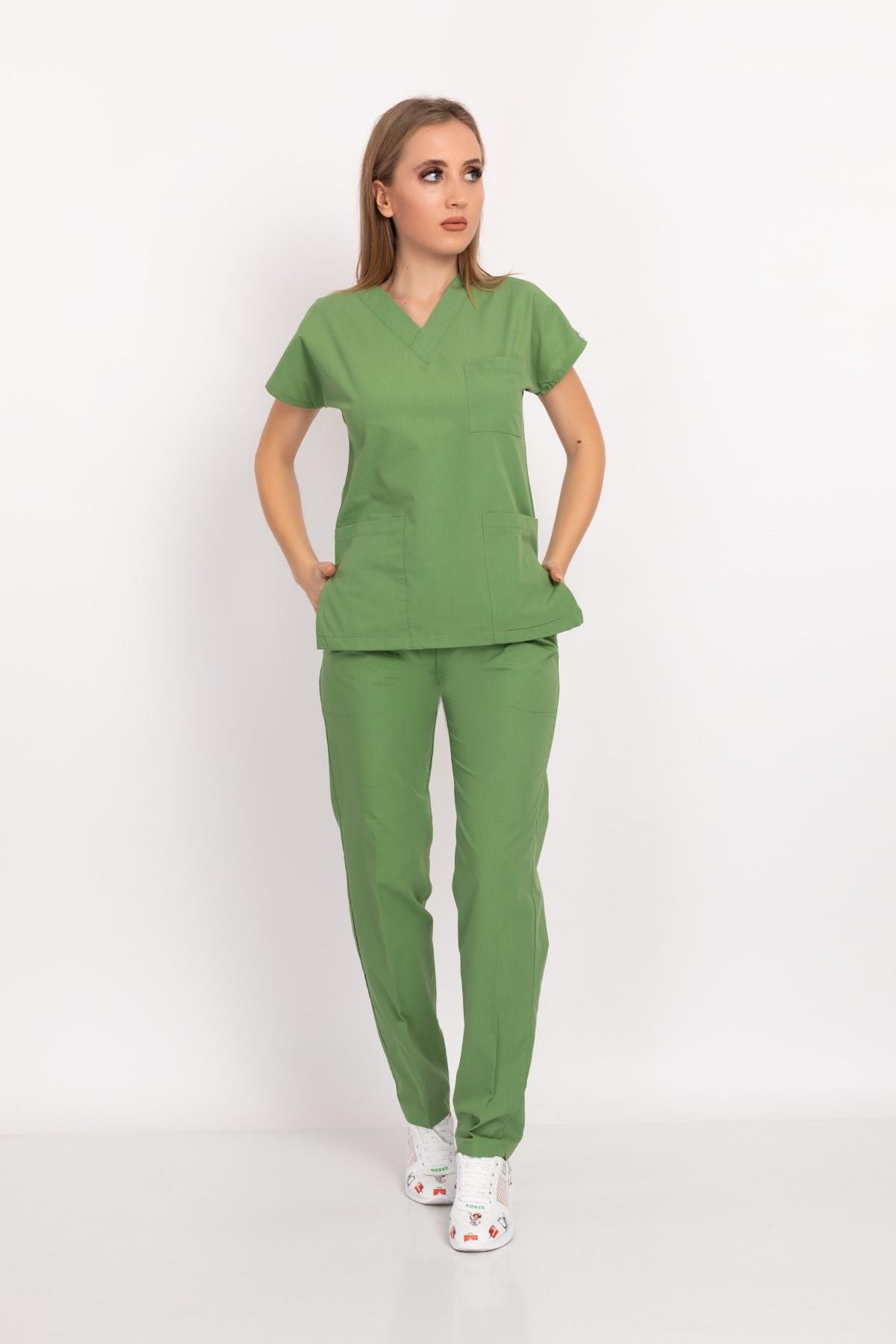 Unisex Fıstık Yeşili Terikoton Doktor Hemşire Takımı Scrubs-Nur Medikal Giyim