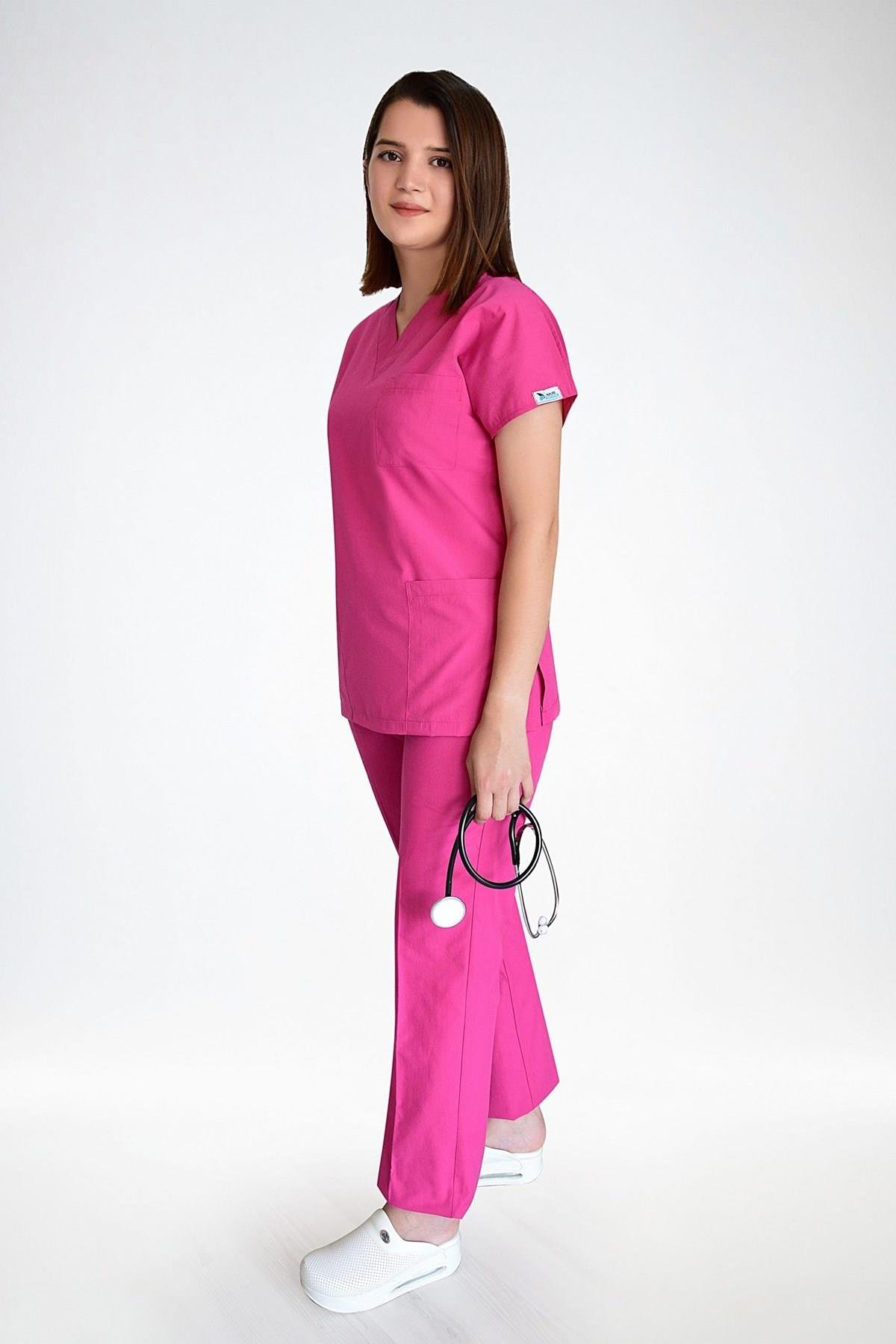 Unisex Fuşya Terikoton Hemşire Doktor Cerrahi Üniforma Takım Scrubs-Nur Medikal Giyim