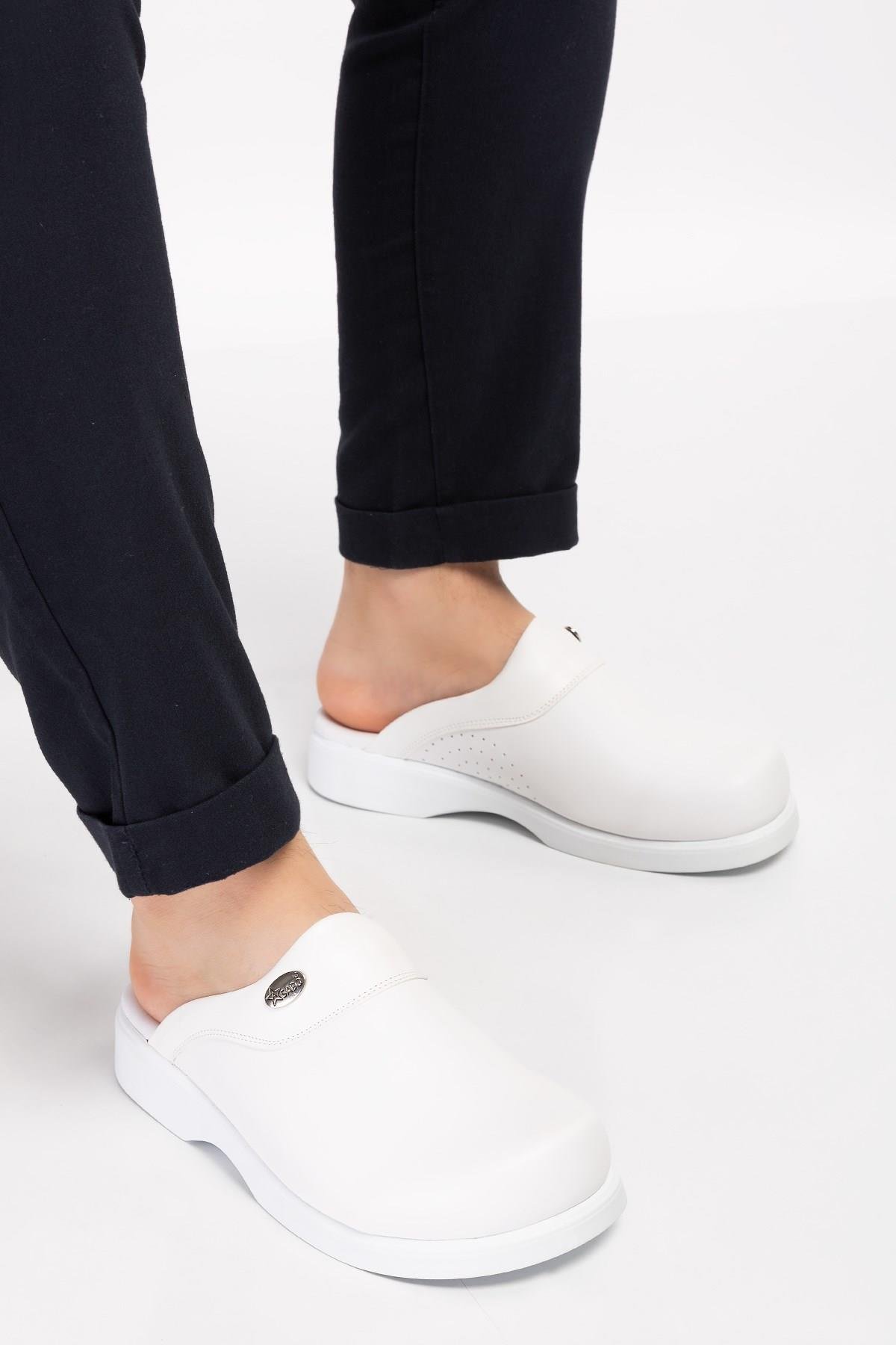 Unisex Kadın Erkek Beyaz Deliksiz Klasik Sabo Ortopedik Doktor Hemşire Aşçı Mutfak Terliği-Nur Ortopedi