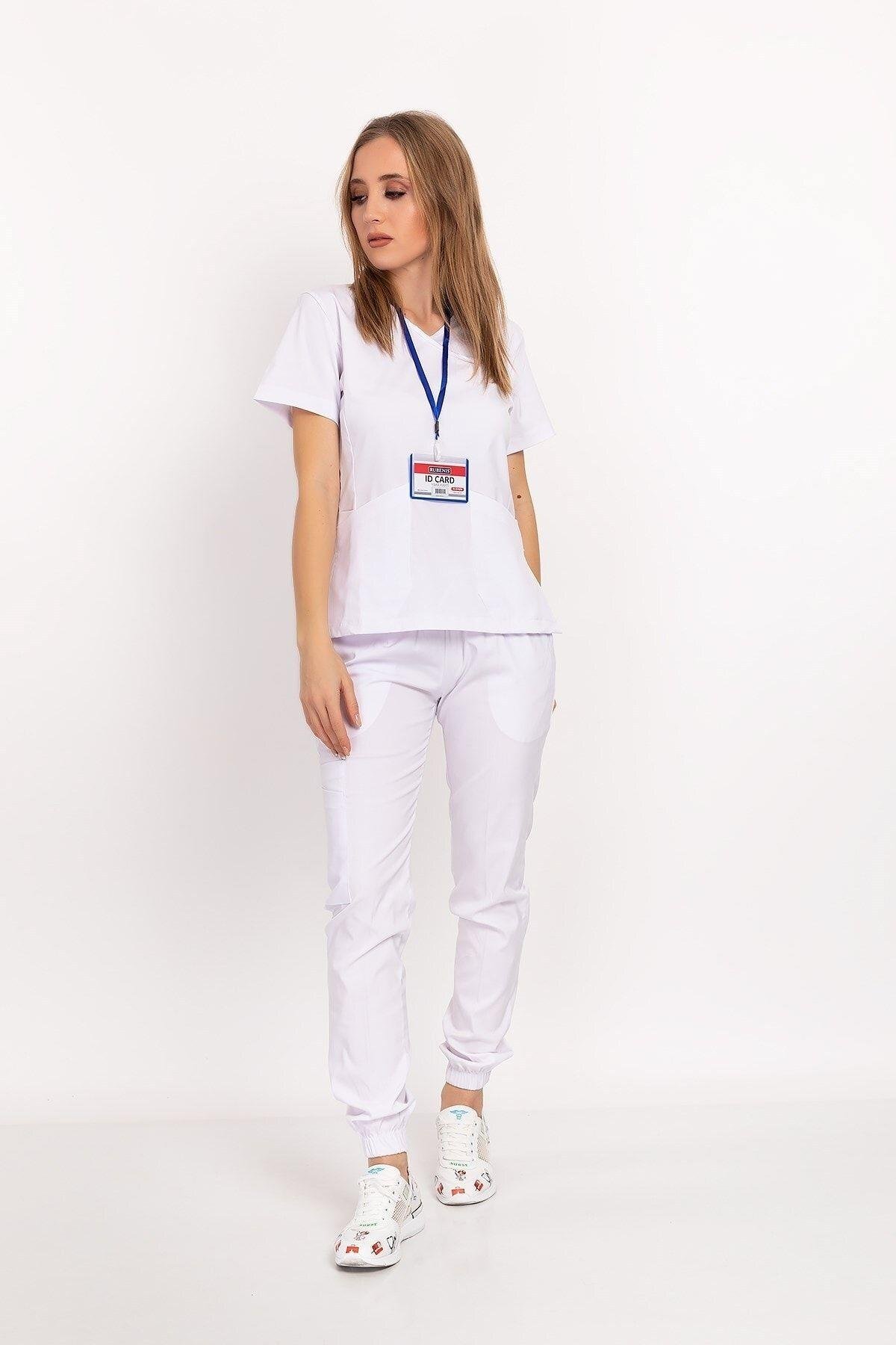 Unisex Kadın Erkek Beyaz Renk Soft Likralı Jogger Doktor Hemşire Hastane Cerrahi Takım-Nur Medikal Giyim