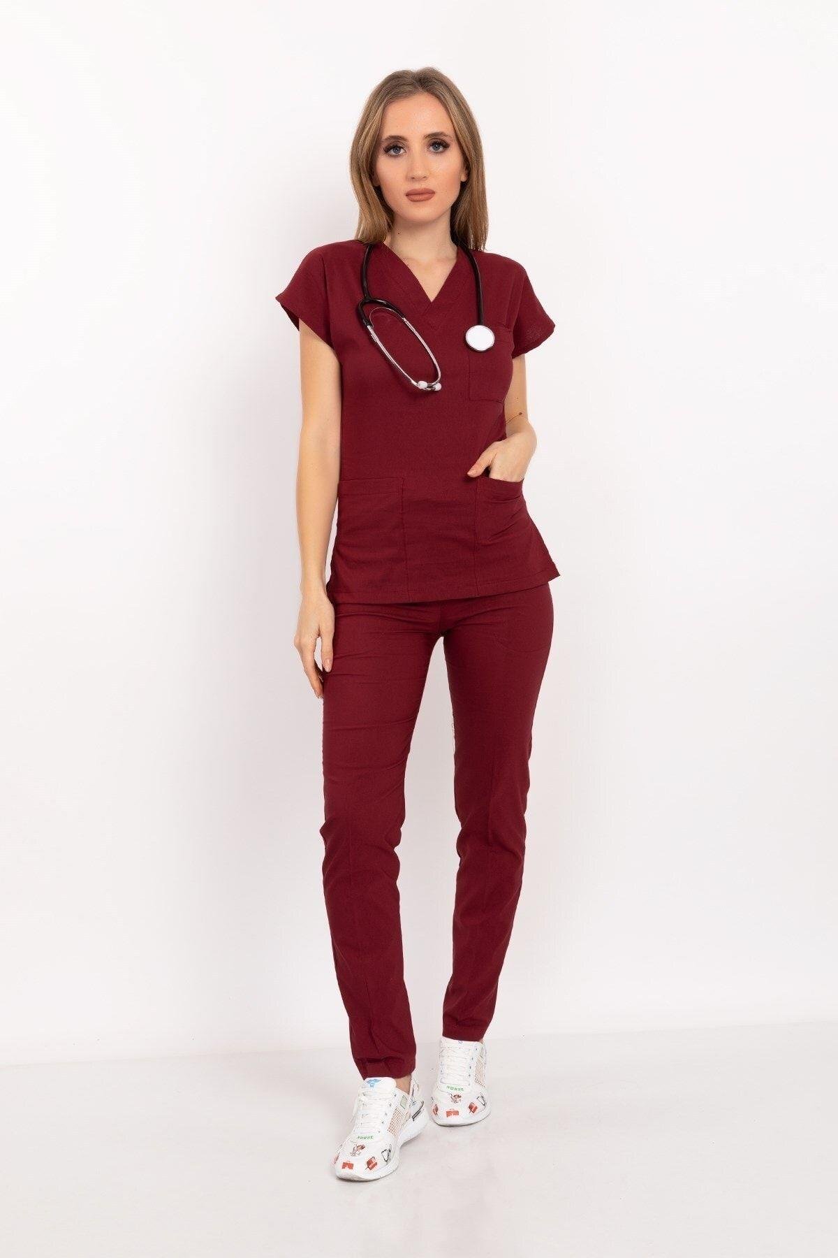 Unisex Kadın Erkek Bordo Renk Likralı Doktor Hemşire Hastane Scrubs Üniforma Takımı-Nur Medikal Giyim