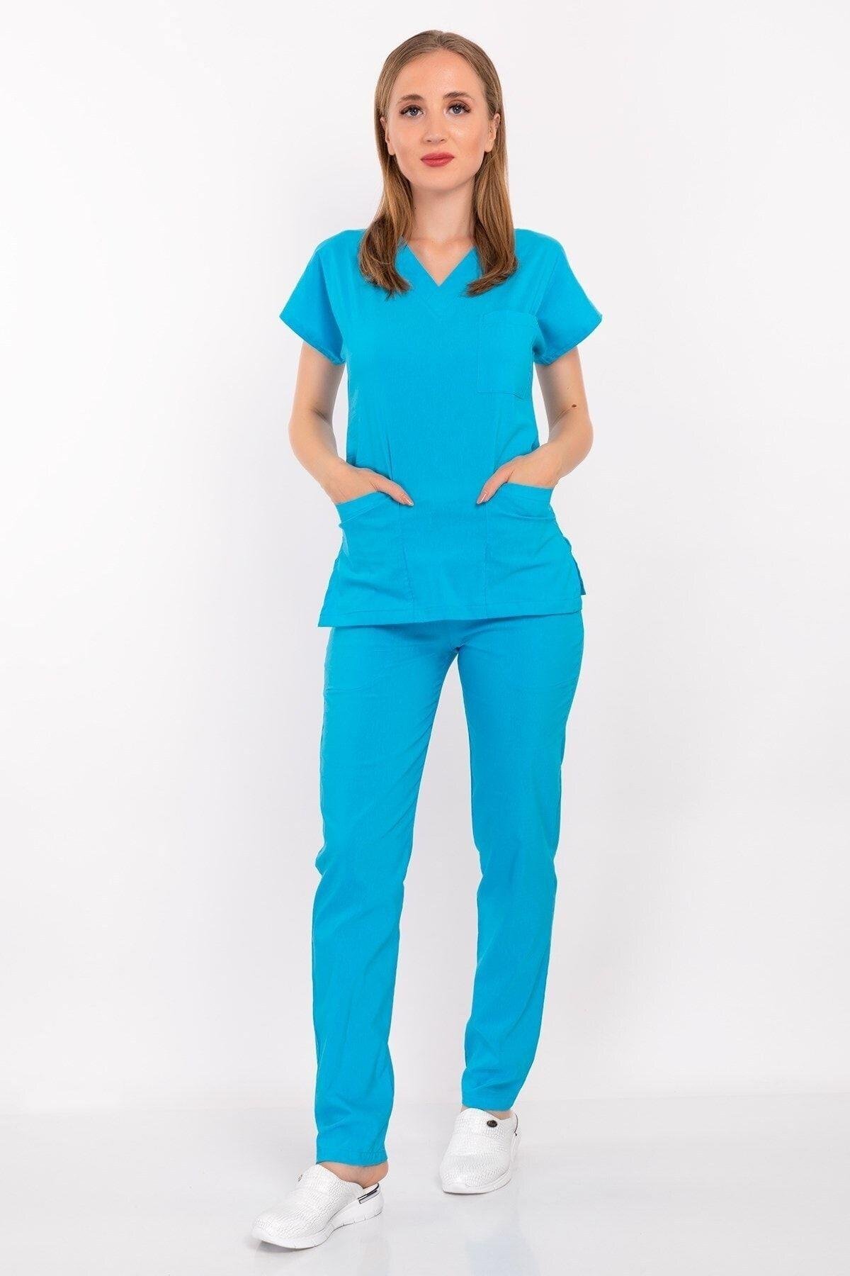 Unisex Kadın Erkek Gökyüzü Likralı Doktor Hemşire Cerrahi Hastane Scrubs Üniforma Takımı-Nur Medikal Giyim
