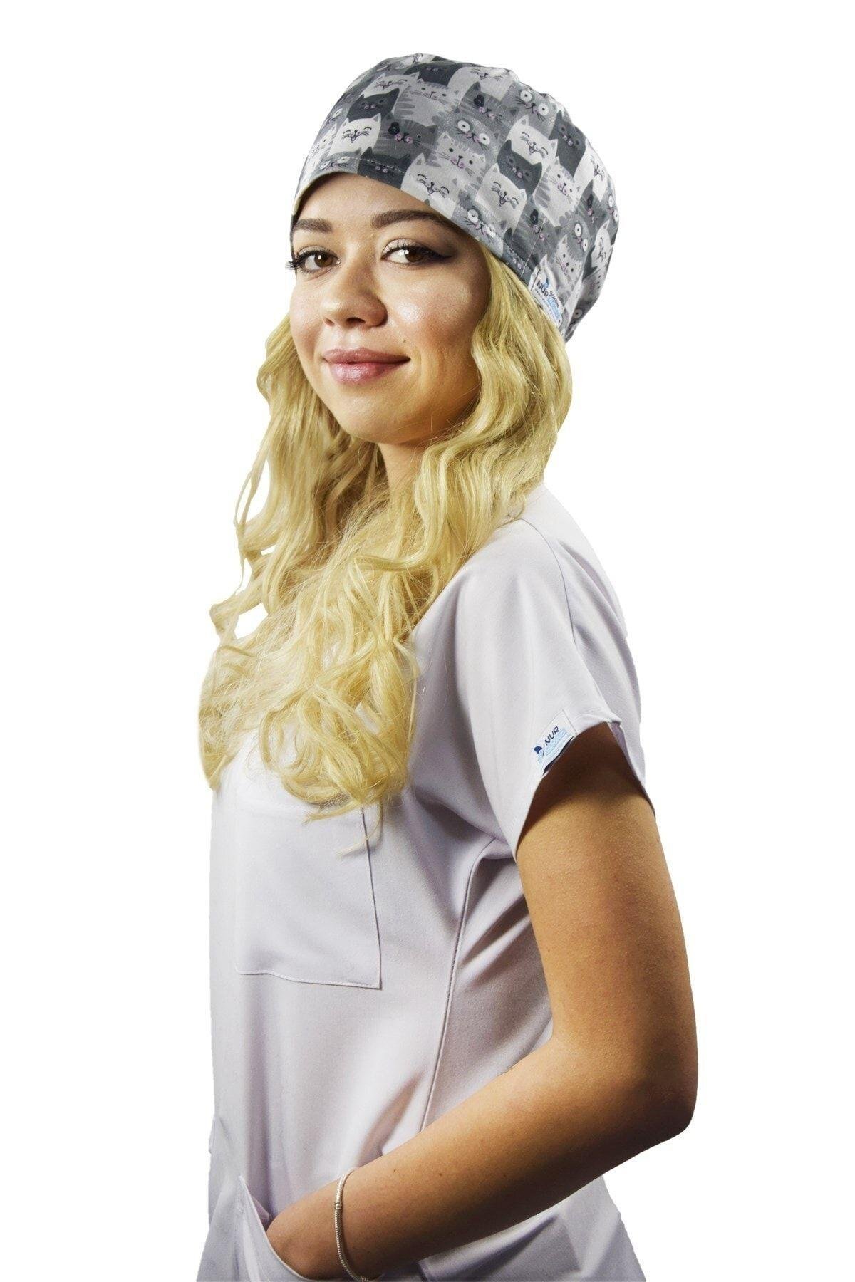 Unisex Kadın Erkek Master Likra Gri Kediler Desenli Doktor Hemşire Veteriner Hastane Cerrahi Bonesi-Nur Medikal Giyim