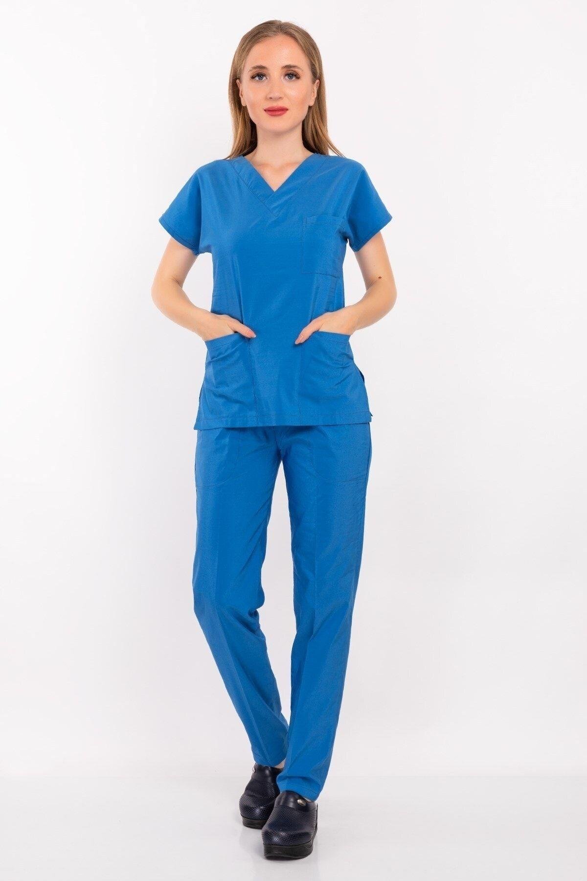 Unisex Kadın Erkek Safir Terikoton Kumaş Doktor Hemşire Cerrahi Hastane Scrubs Üniforma Takımı-Nur Medikal Giyim