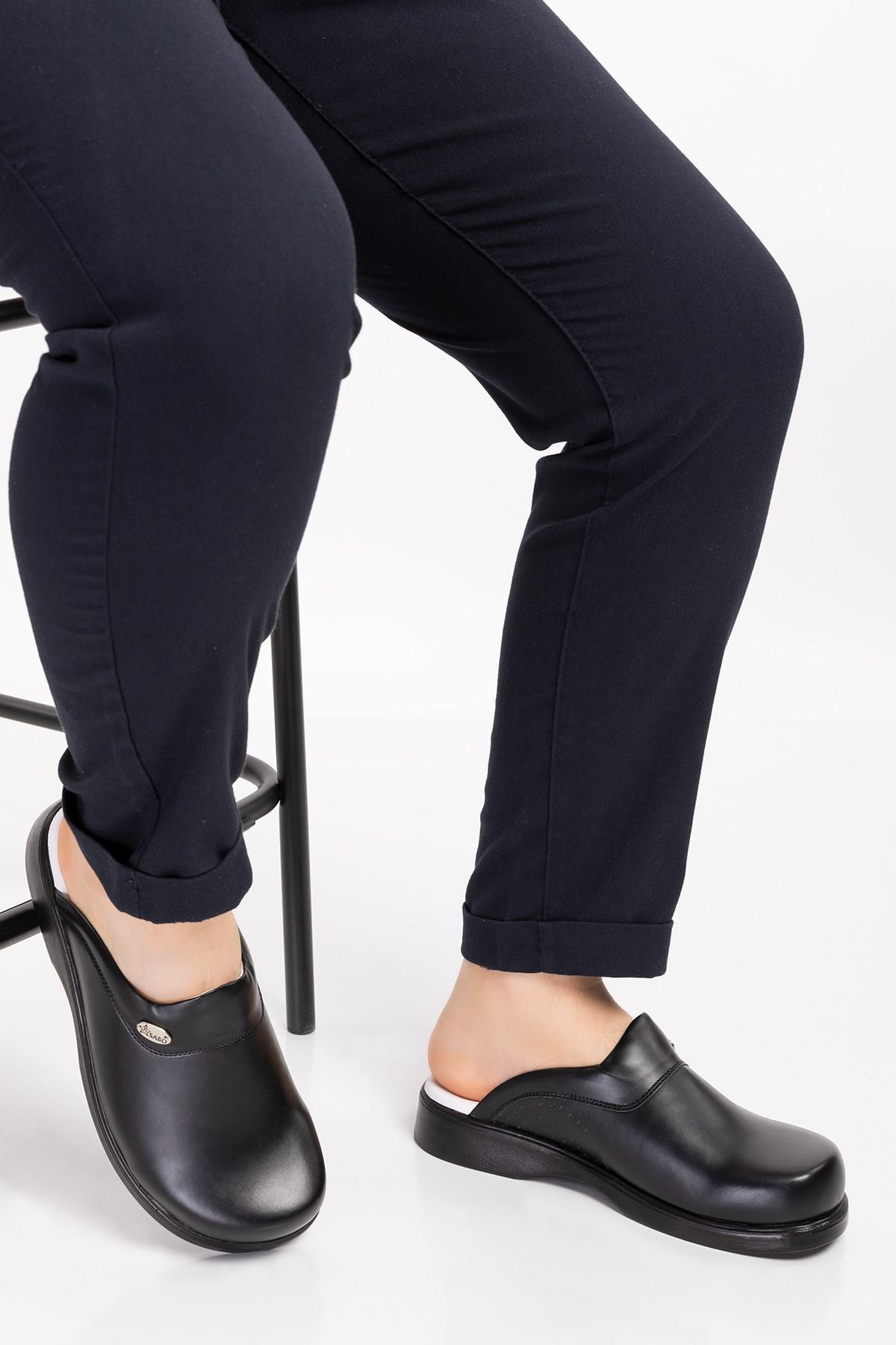 Unisex Kadın Erkek Siyah Deliksiz Klasik Sabo Ortopedik Doktor Hemşire Aşçı Mutfak Terliği-Nur Ortopedi