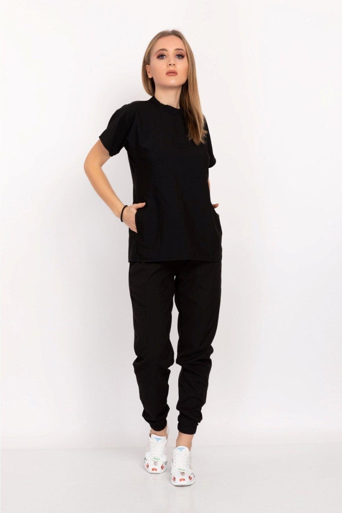 Unisex Kadın Erkek Siyah Renk Çağla Model Elit Likra Hakim Yaka Çıt Çıtlı Doktorüniforma Takım-Nur Medikal Giyim