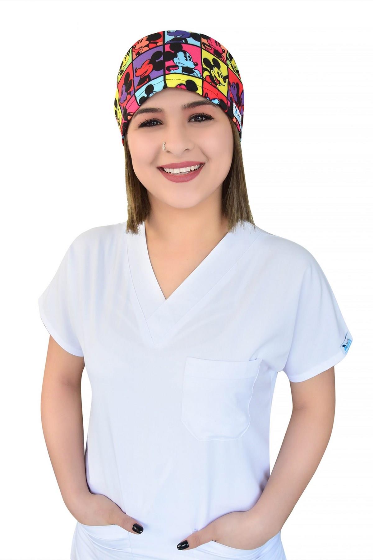 Unisex Kareli Mickey Desenli Cerrahi Bone Doktor Hemşire Saç Bonesi-Nur Medikal Giyim