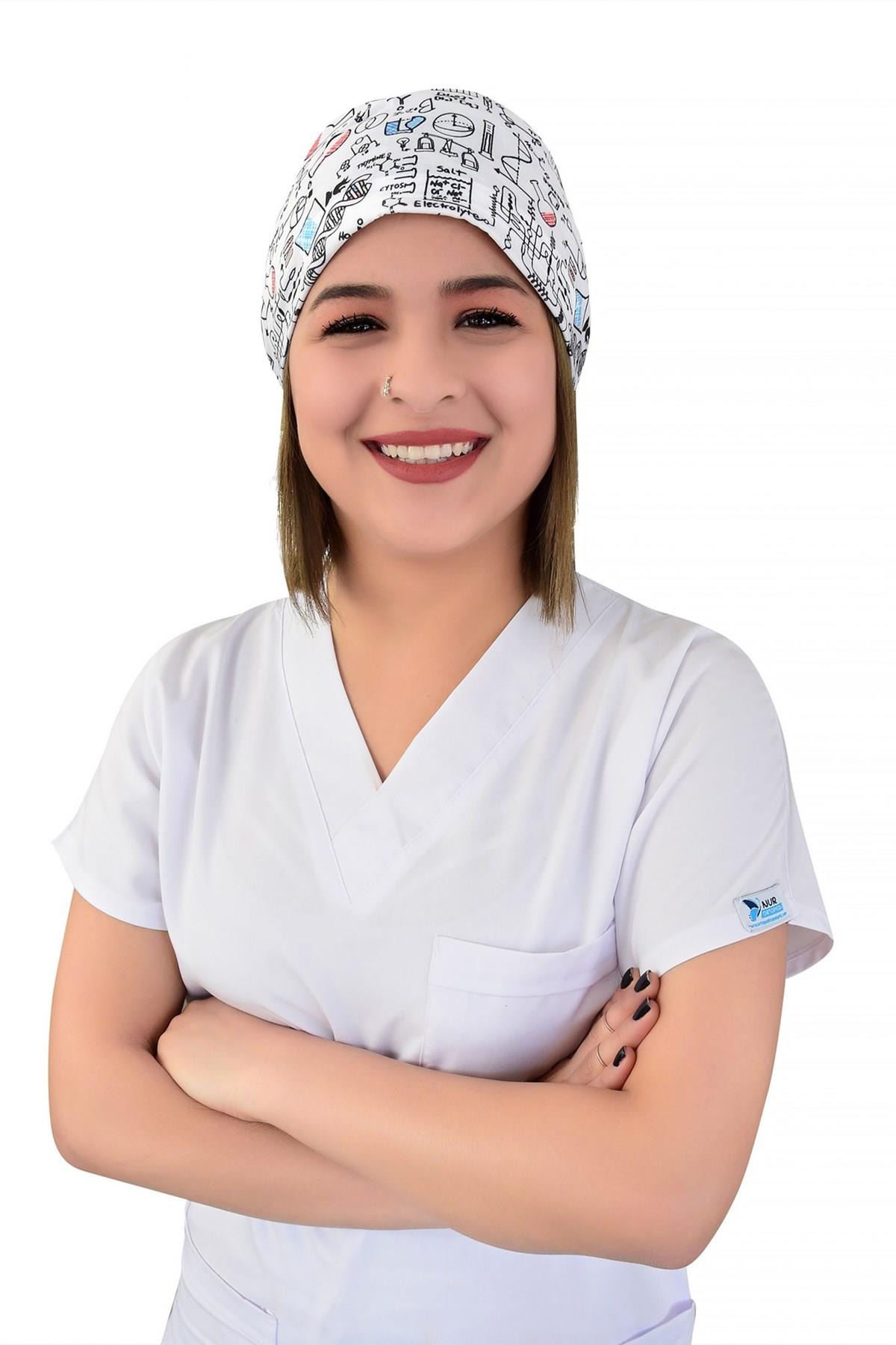 Unisex Laborant Desenli Cerrahi Bone Doktor Hemşire Saç Bonesi-Nur Medikal Giyim