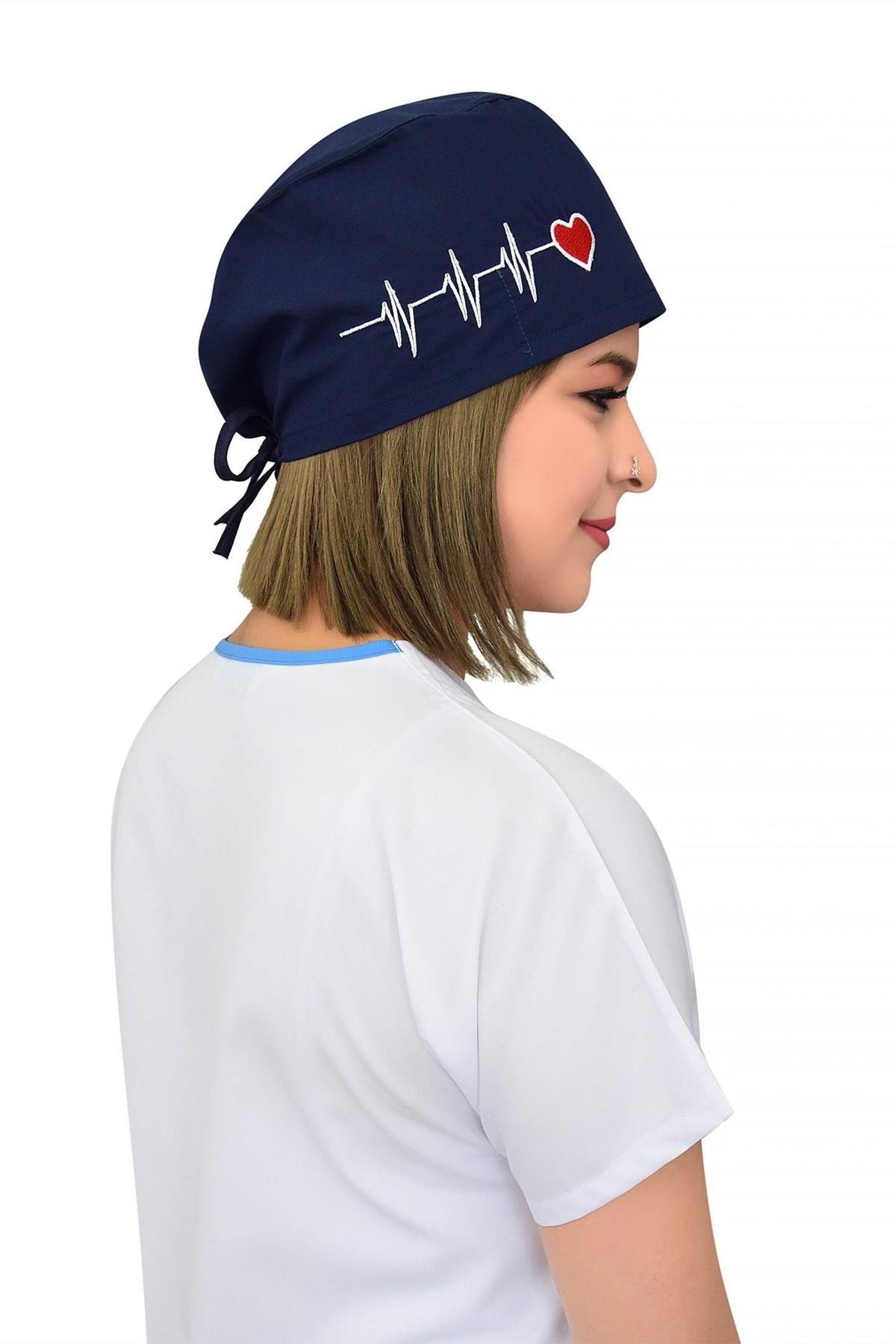 Unisex Lacivert Kalp Ritim Nakışlı Cerrahi Bone Hemşire Saç Bonesi-Nur Medikal Giyim