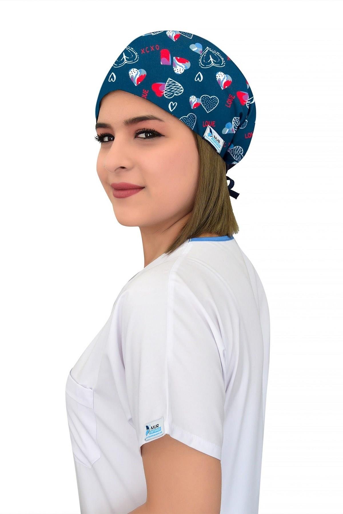 Unisex Lacivert Love Desenli Cerrahi Bone Doktor Hemşire Saç Bone-Nur Medikal Giyim