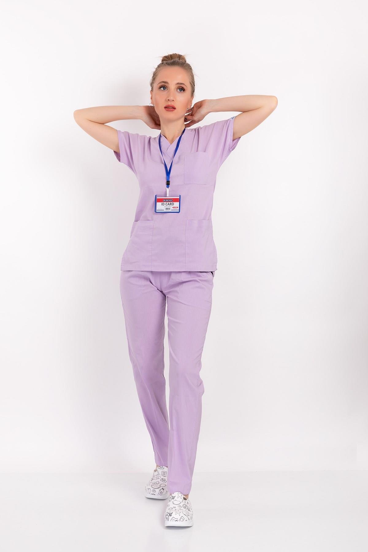 Unisex Lila Terikoton Doktor Hemşire Üniforma Takım Scrubs-Nur Medikal Giyim