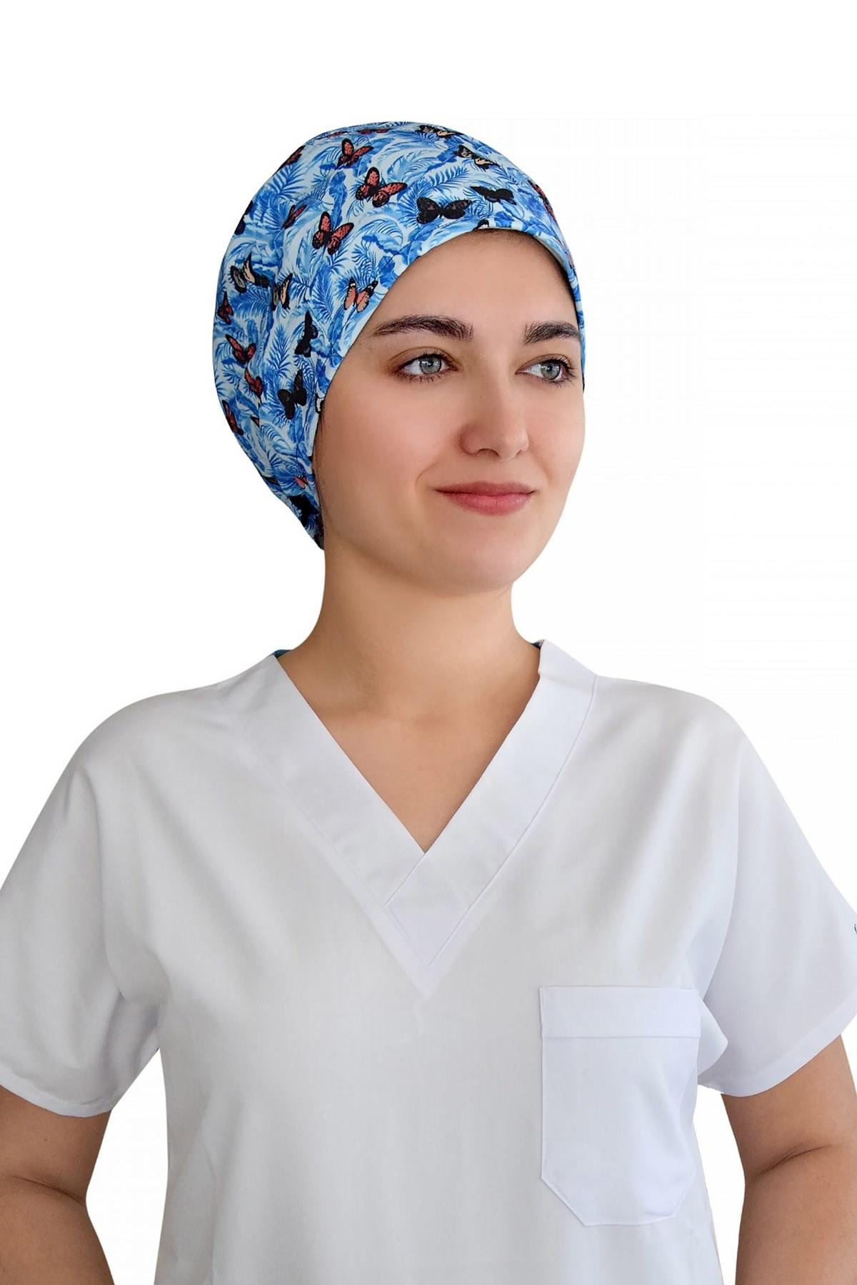 Unisex Mavi Kelebek Desenli Cerrahi Bone Doktor Hemşire Saç Bonesi-Nur Medikal Giyim