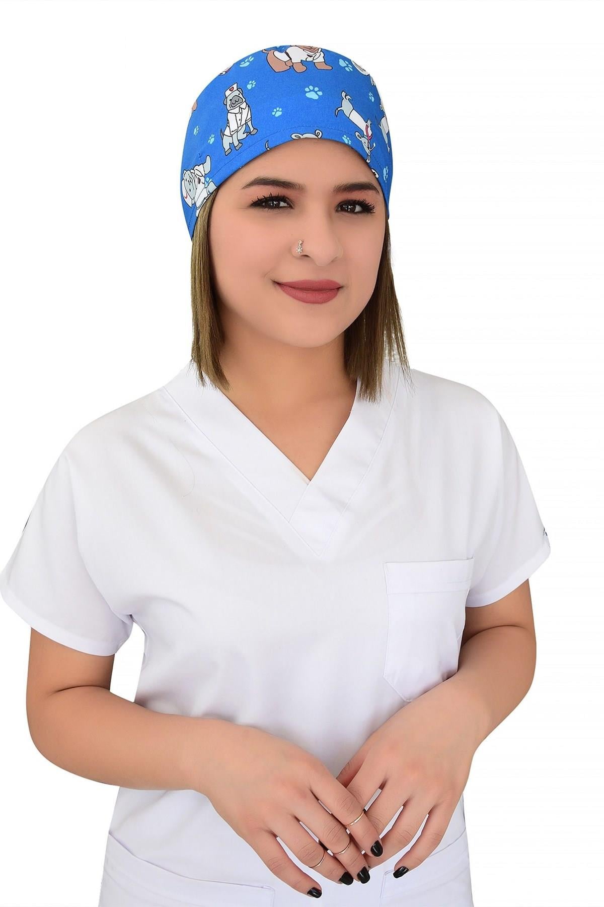 Unisex Mavi Köpekler Desenli Cerrahi Bone Doktor Hemşire Saç Bonesi-Nur Medikal Giyim