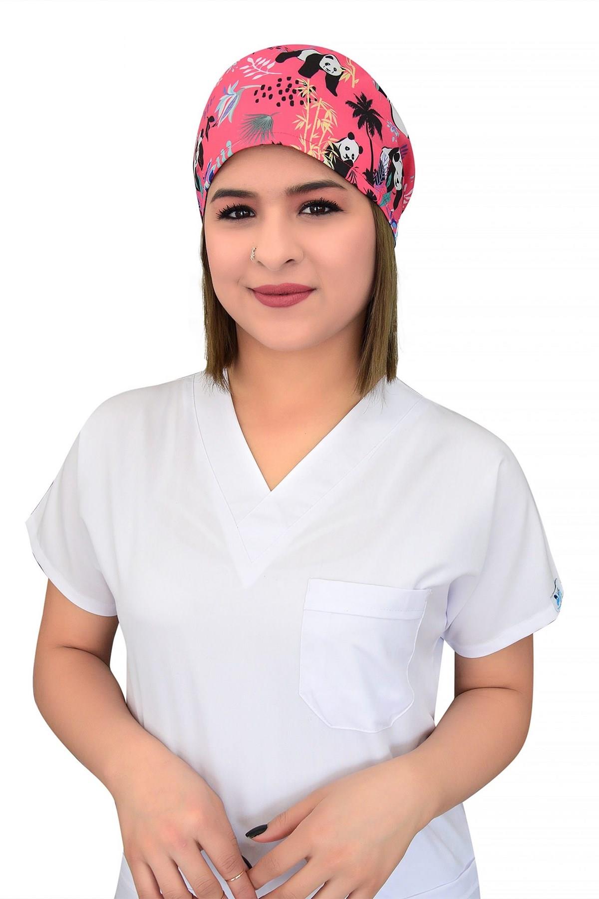Unisex Pembe Panda Desenli Cerrahi Bone Doktor Hemşire Saç Bone-Nur Medikal Giyim