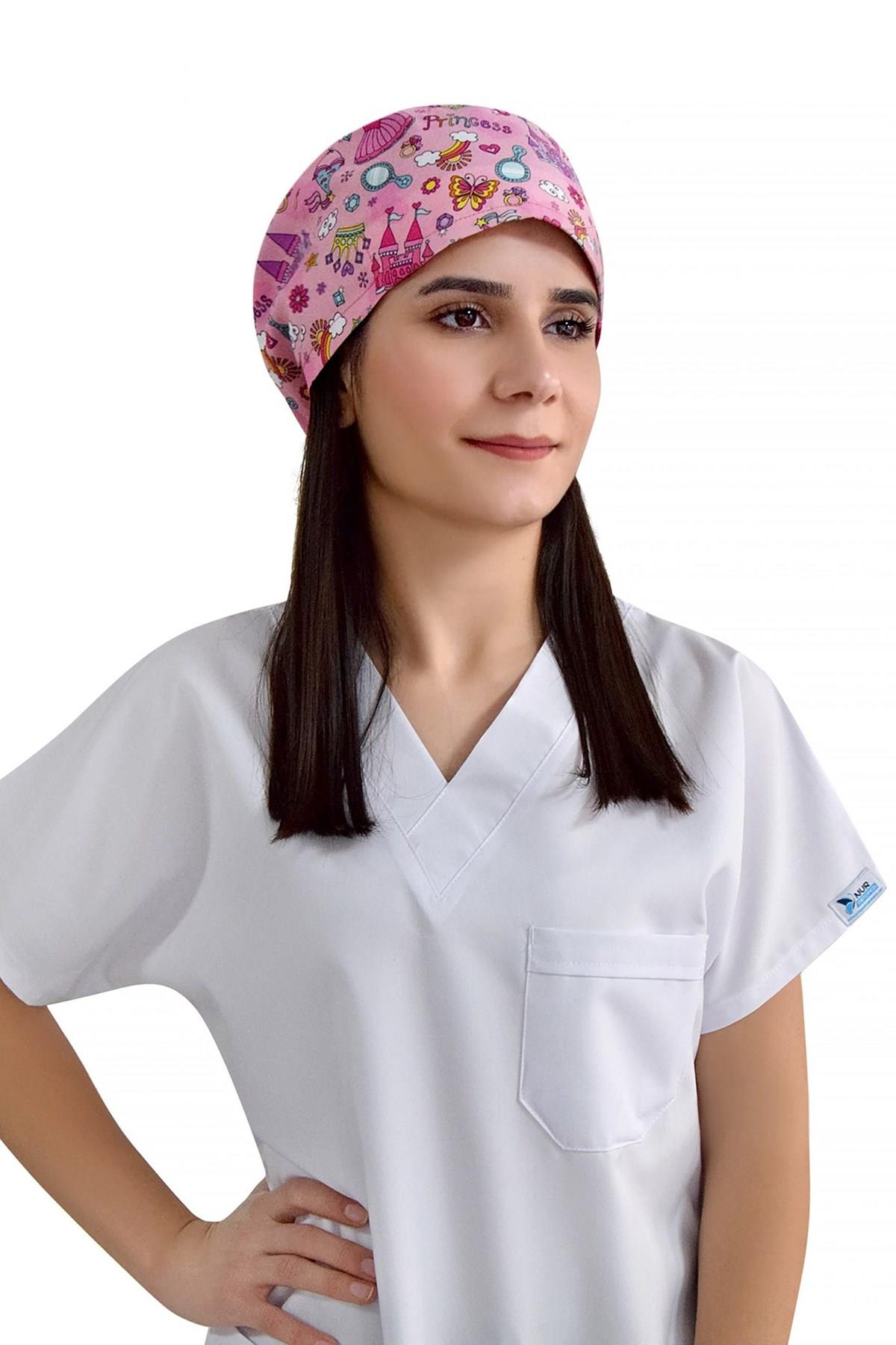 Unisex Pembe Prenses Desenli Cerrahi Bone Hemşire Saç Bonesi-Nur Medikal Giyim