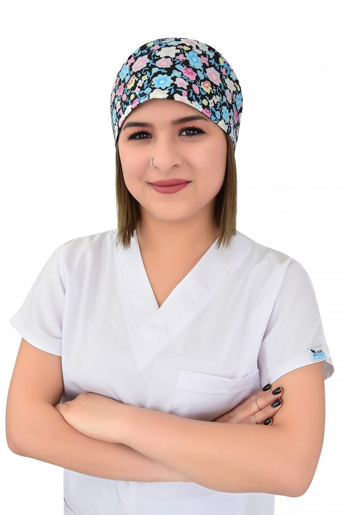 Unisex Renkli Bahar Çiçekleri Desenli Cerrahi Bone Hemşire Saç Bonesi-Nur Medikal Giyim