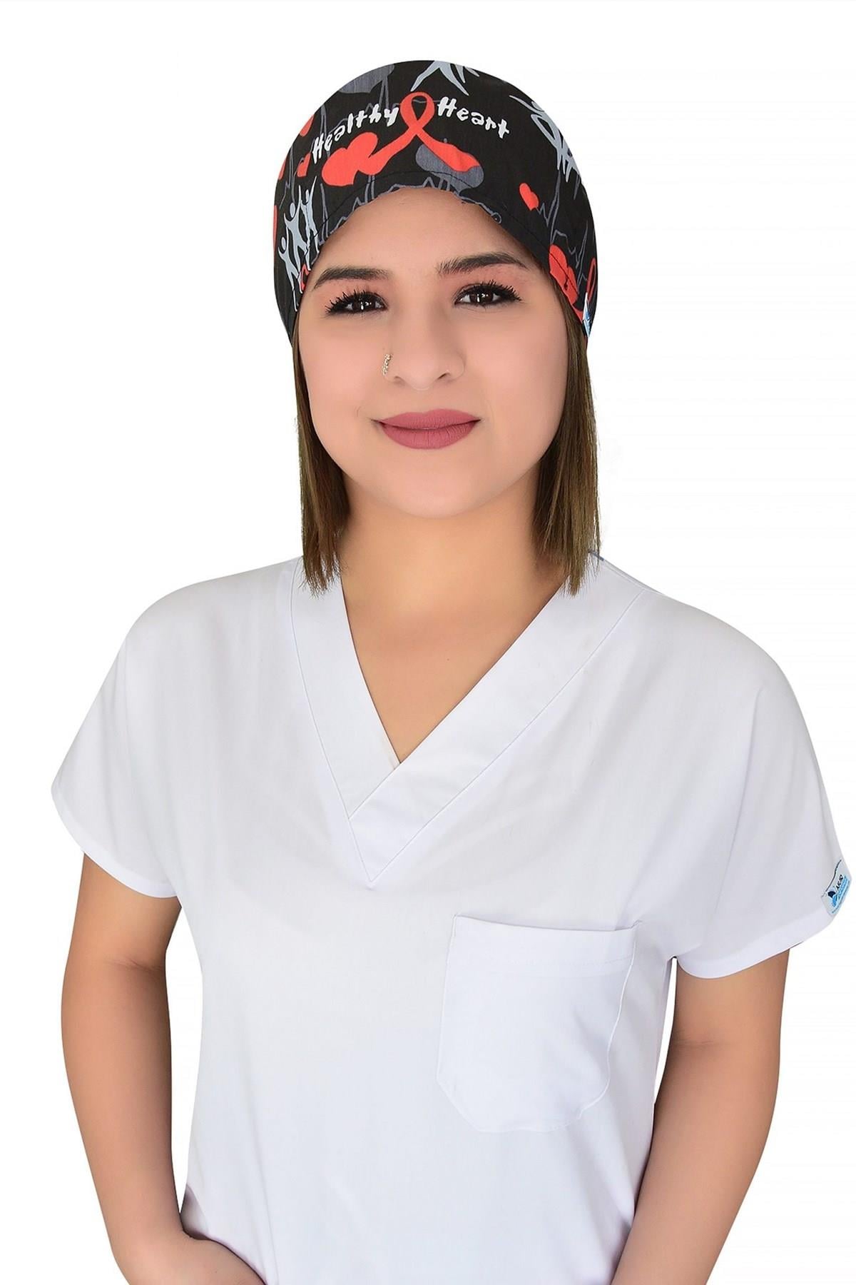 Unisex Sağlıklı Kalp Desenli Cerrahi Bone Hemşire Doktor Saç Bonesi-Nur Medikal Giyim