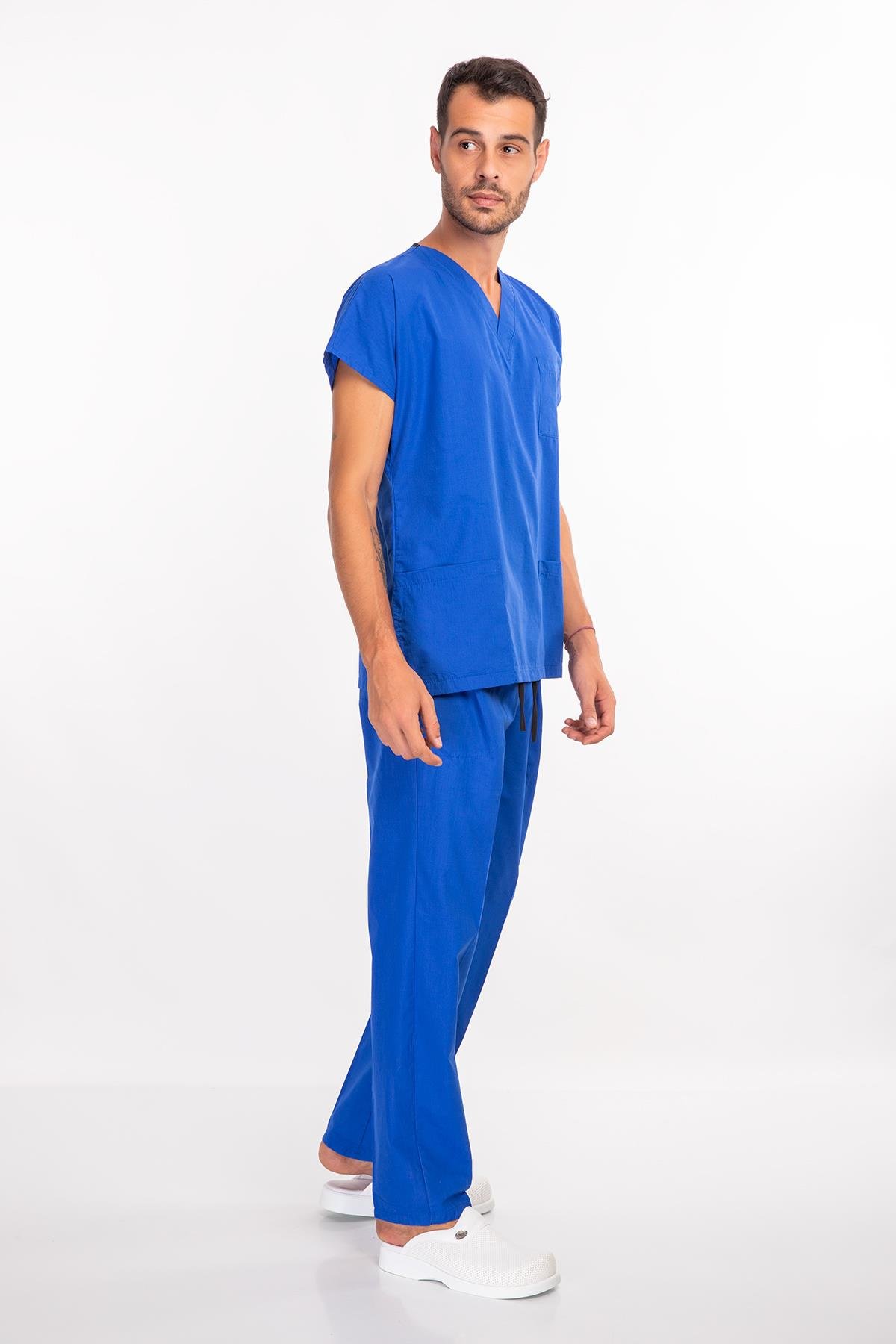 Unisex Saks Mavi Terikoton Doktor Hemşire Üniforma Takım Scrubs-Nur Medikal Giyim