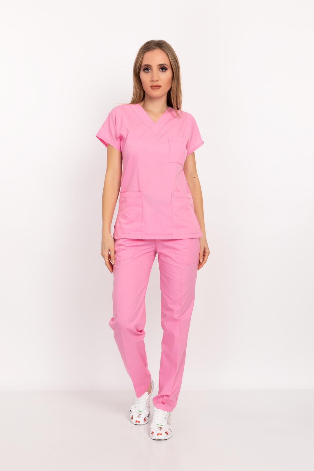 Unisex Şeker Pembe Terikoton Hemşire Doktor Cerrahi Nöbet Takımı Scrubs-Nur Medikal Giyim