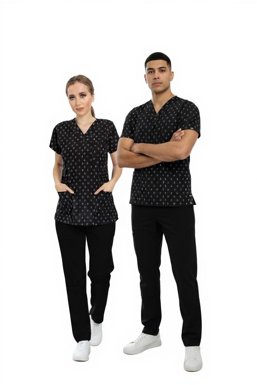 Unisex Siyah Çapa Desenli Doktor Hemşire Hastane Aşçı Scrubs Üniforma Takımı-Nur Medikal Giyim