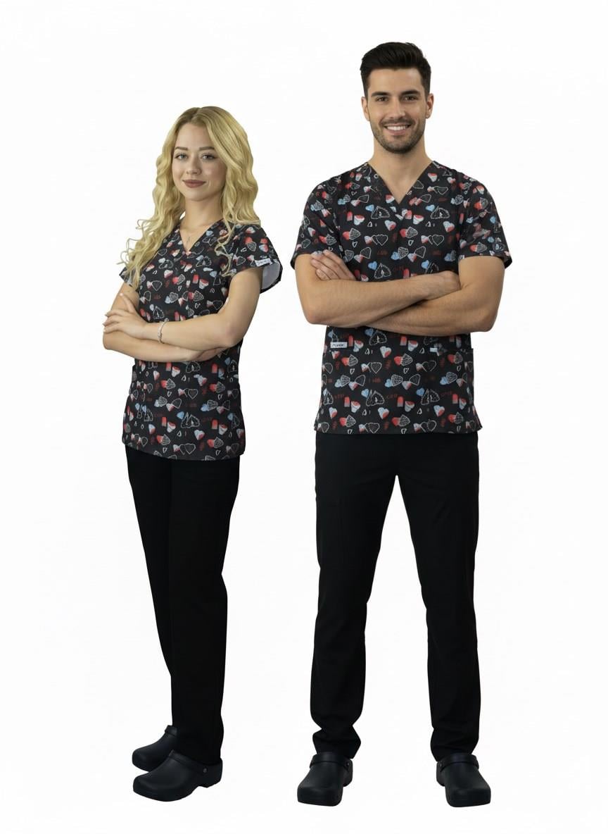 Unisex Siyah Love Desenli Veteriner Doktor Hemşire Cerrahi Scrubs Üniforma Takım-Nur Medikal Giyim