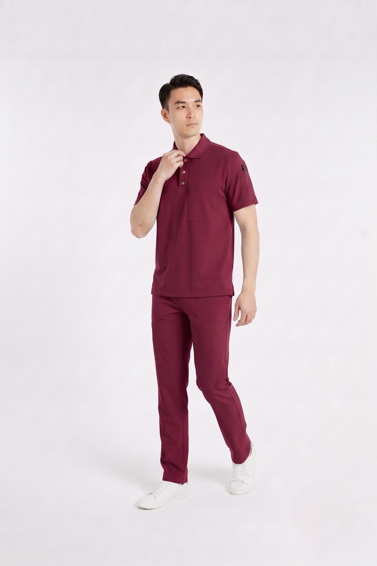 Zulu Model Bordo Polo Yaka Likralı Erkek Doktor Hemşire Scrubs Üniforma Takımı-Nur Medikal Giyim