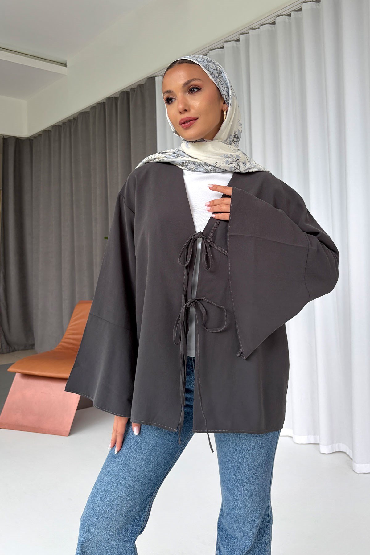 Çift Bağlama Detay Kimono Gömlek - Gri