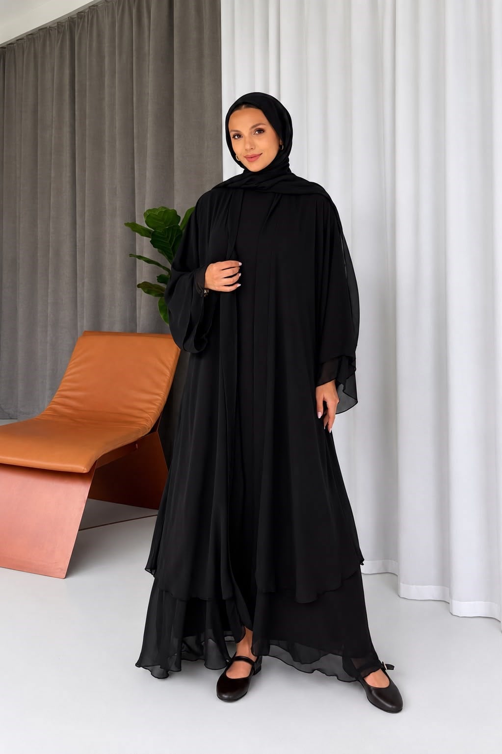 Şal İçlik Abaya 3'lü Takım - Siyah