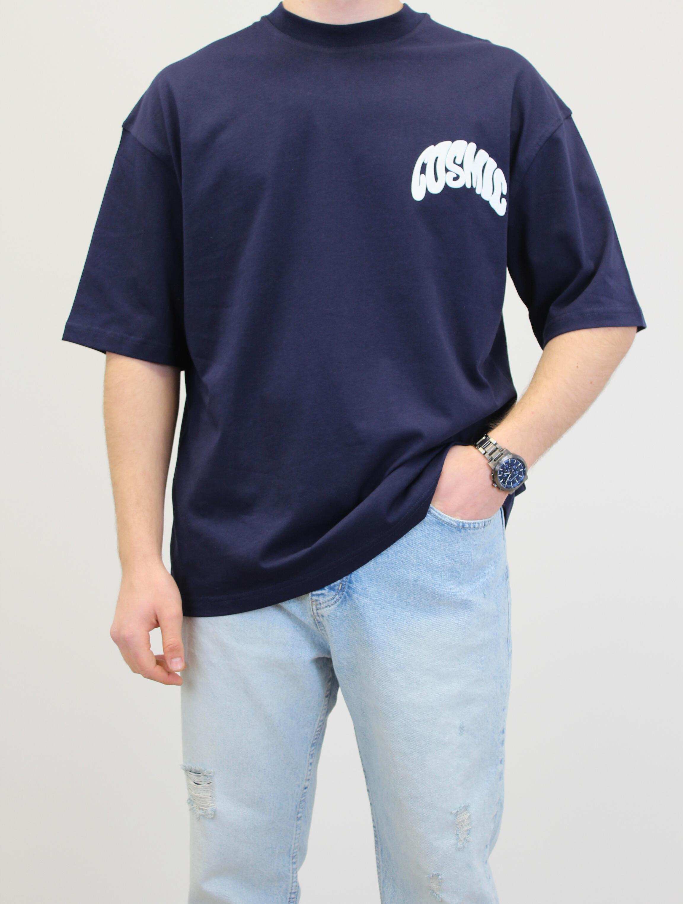 BASKILI OVERSİZE BİSİKLET YAKA T-SHIRT LACİVERT