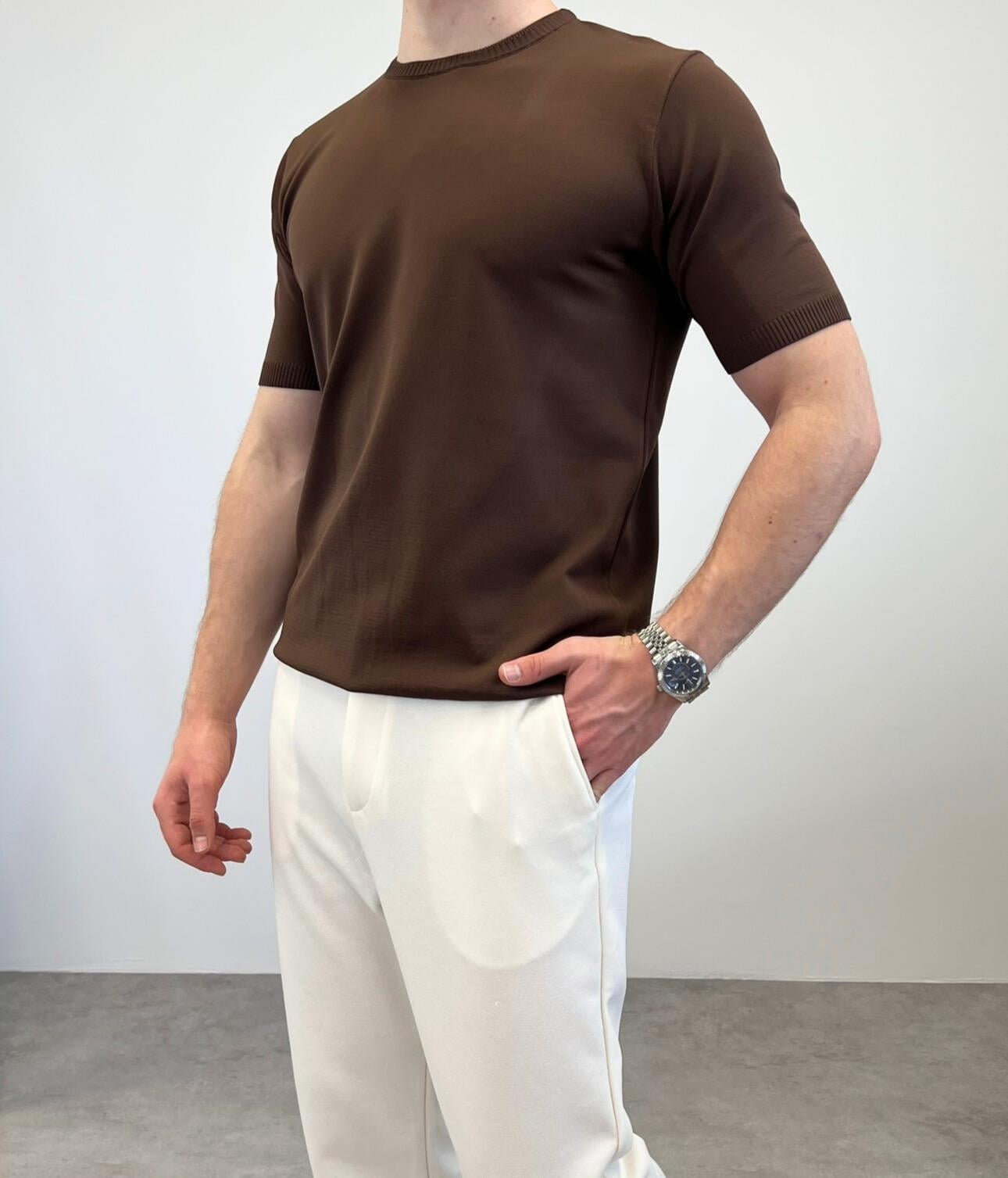 ÖRME BİSİKLET YAKA T-SHIRT KAHVERENGİ