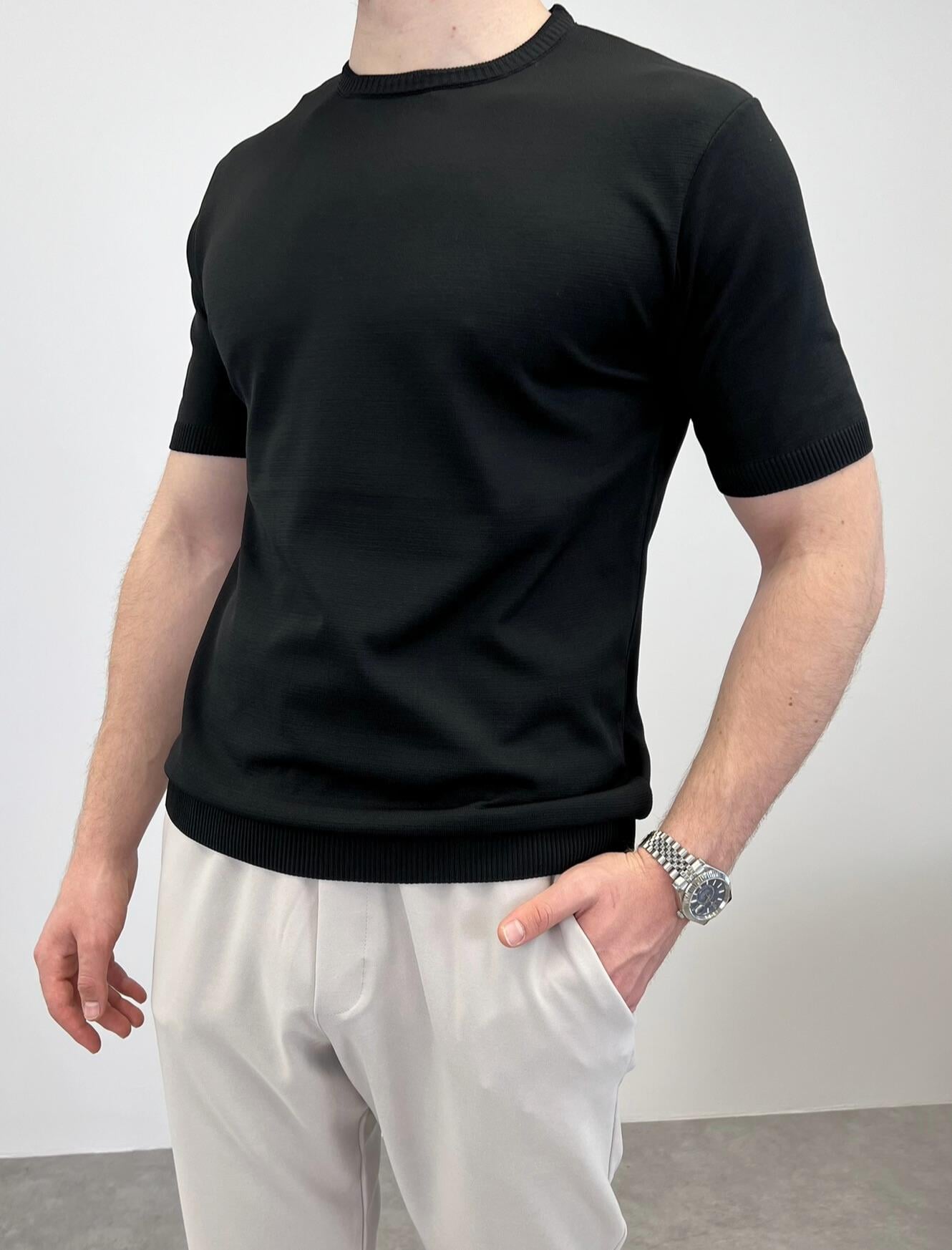 ÖRME BİSİKLET YAKA T-SHIRT SİYAH