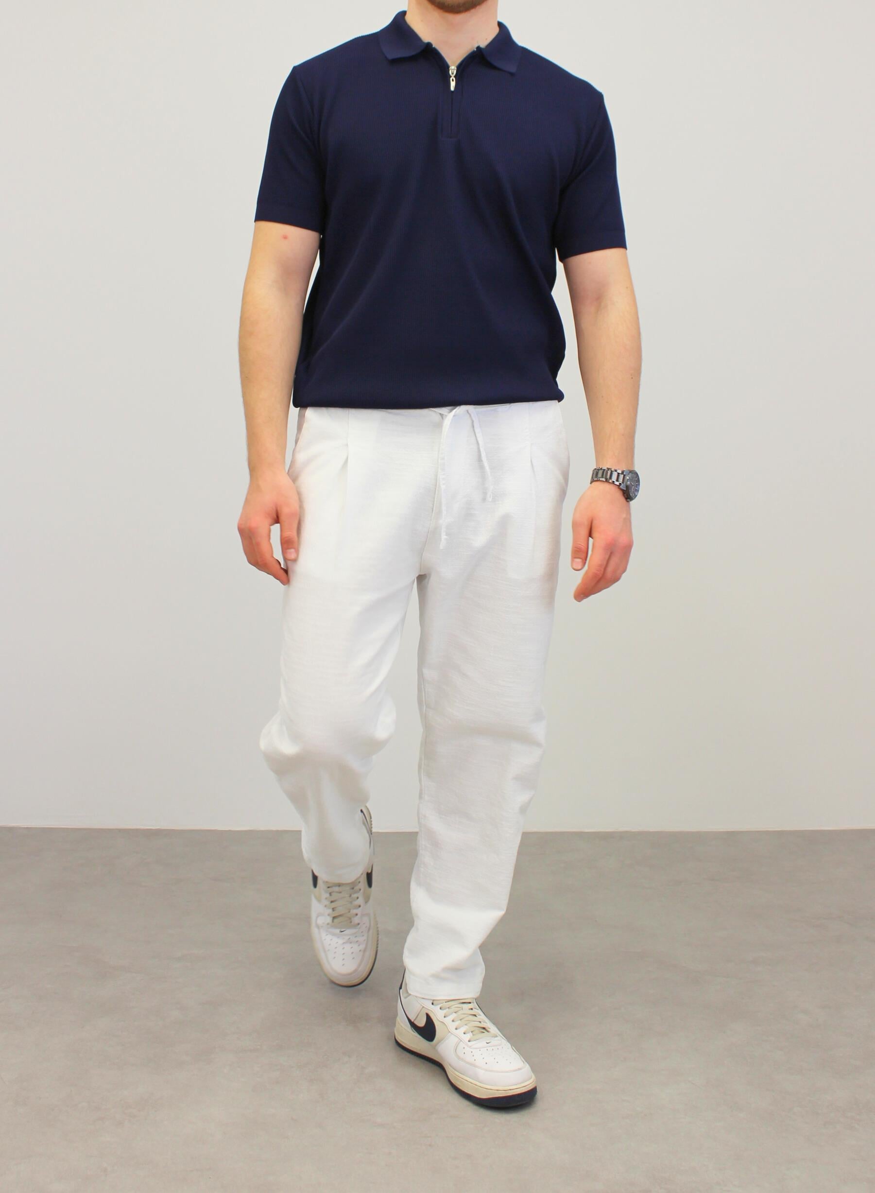 ÖRME POLO YAKA FERMUARLI İNCE FİTİLLİ T-SHIRT LACİVERT