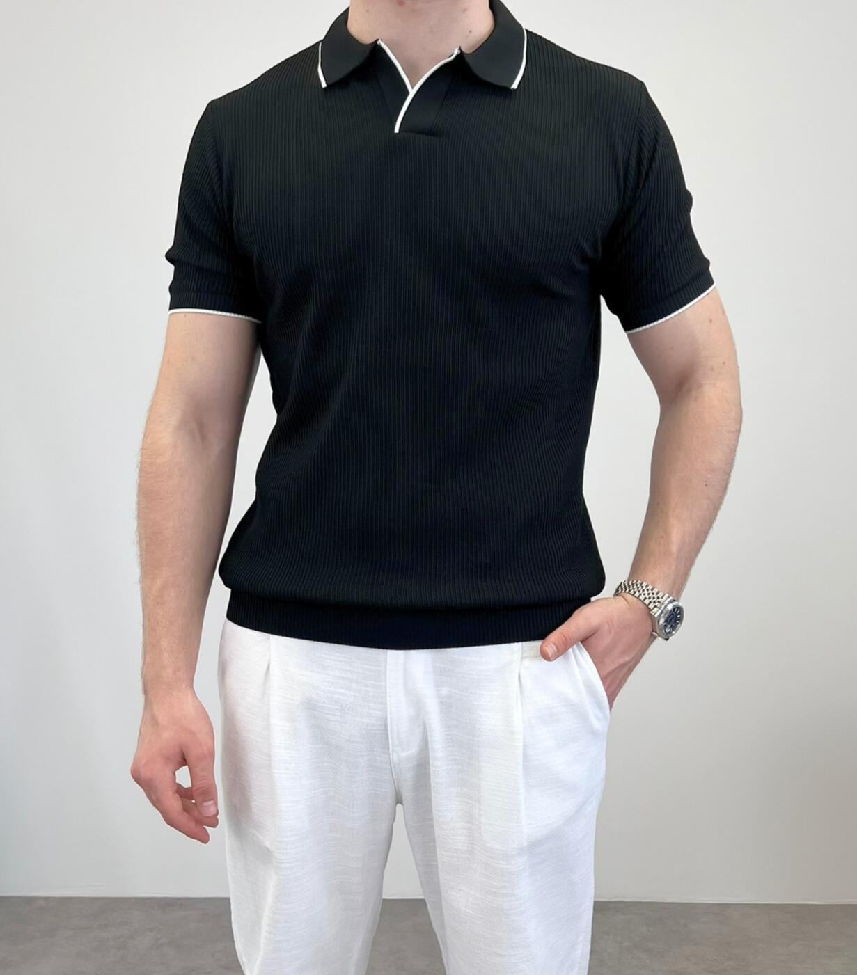 ÖRME POLO YAKA ŞERİTLİ T-SHIRT SİYAH