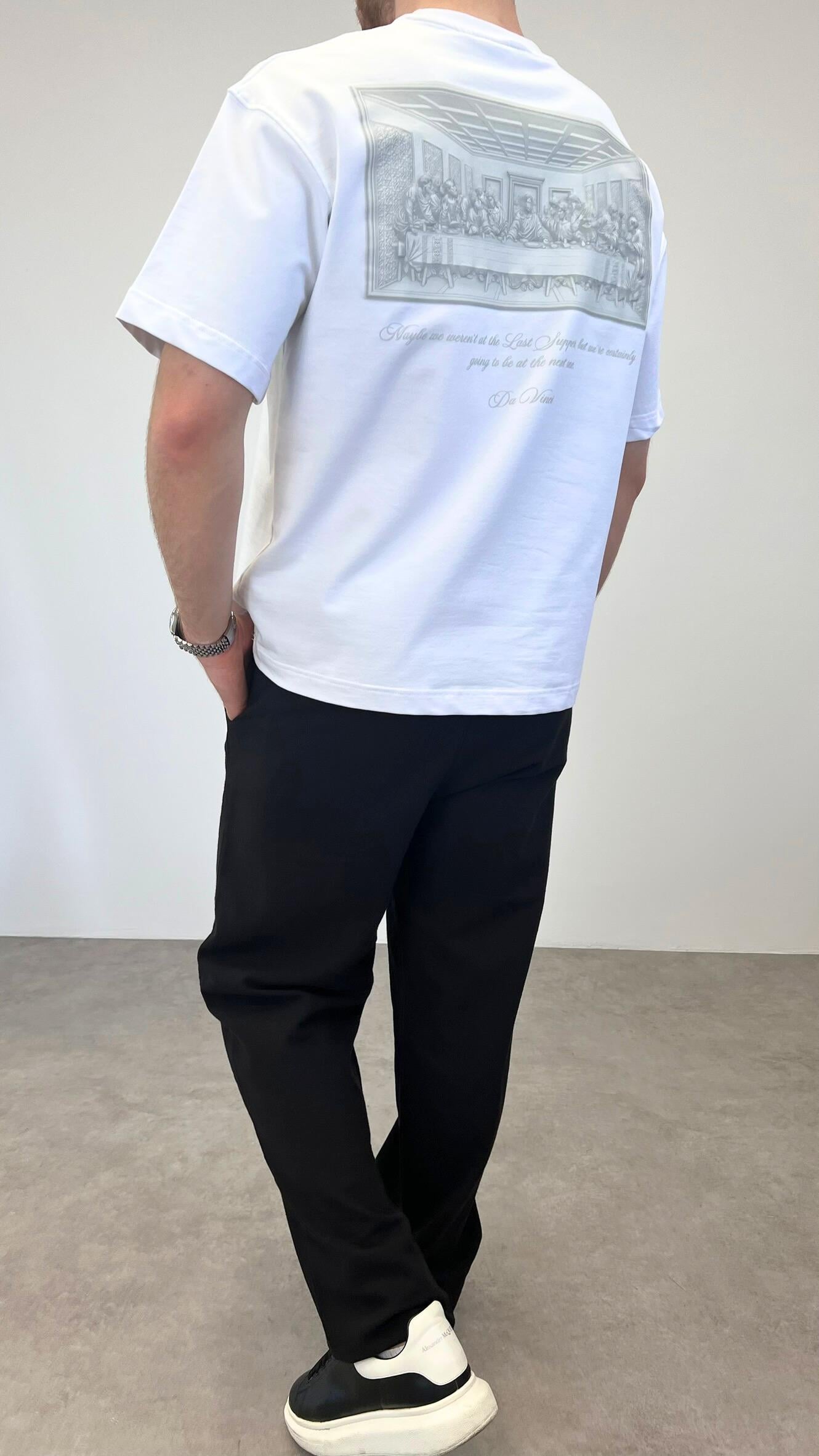 OVERSIZE DA VINCI 3D BASKILI T-SHIRT BEYAZ