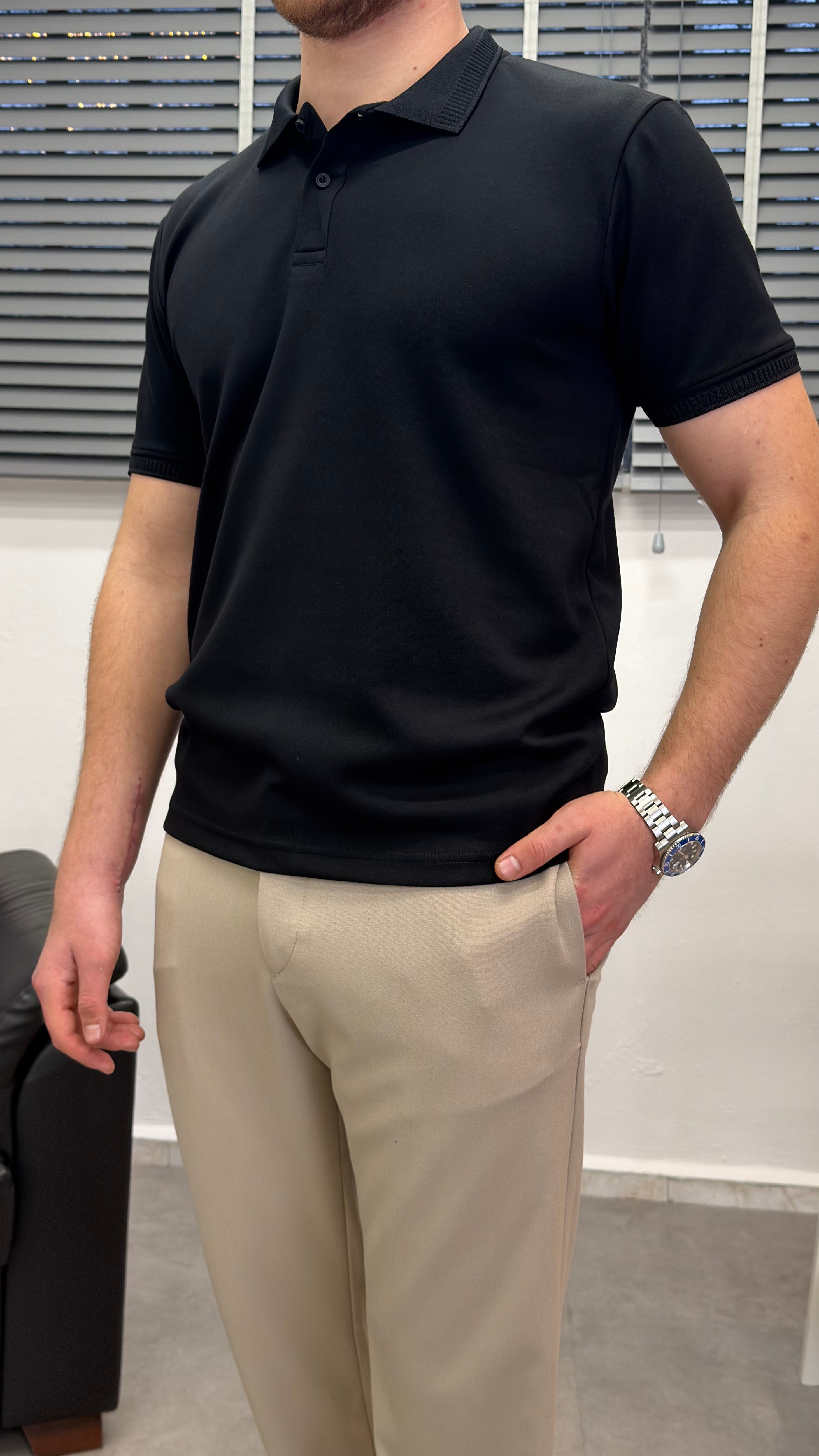 OYSHO KUMAŞ POLO YAKA T-SHIRT SİYAH
