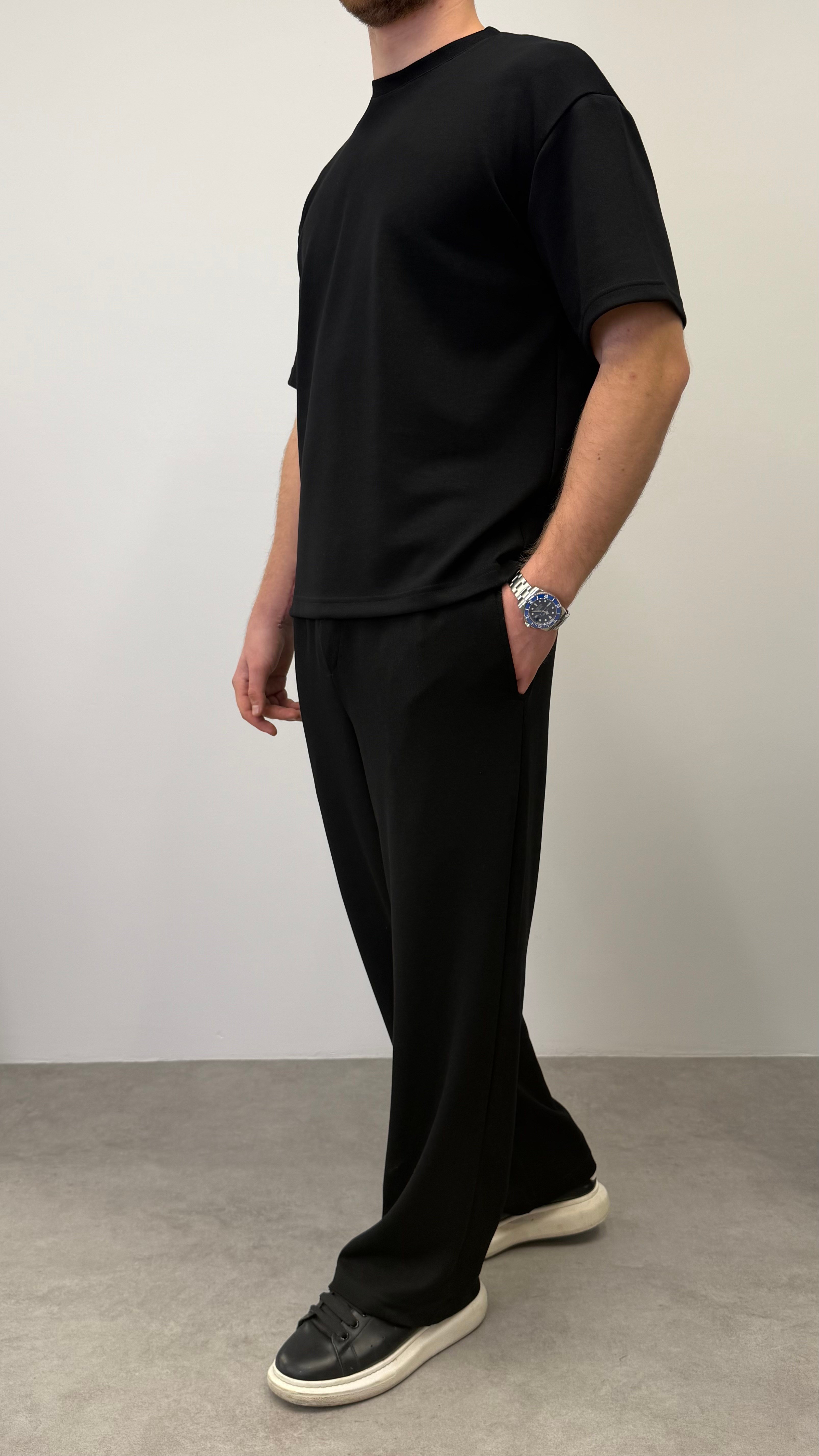 OYSHO KUMAŞ YARIM OVERSİZE T-SHIRT SİYAH