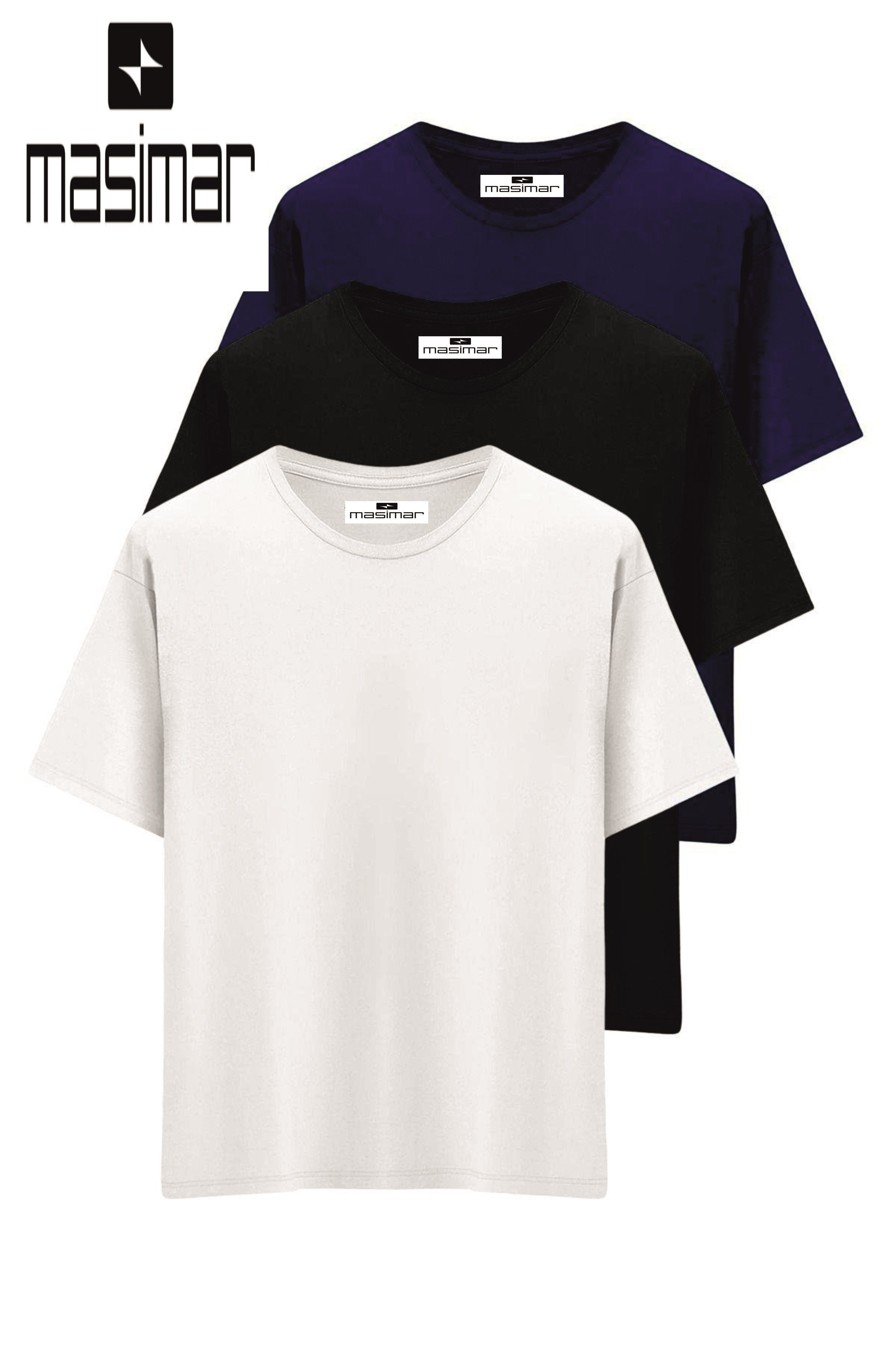 Erkek 3 Adet Basic Siyah Beyaz Lacivert Tişört Yuvarlak Yaka T-Shirt