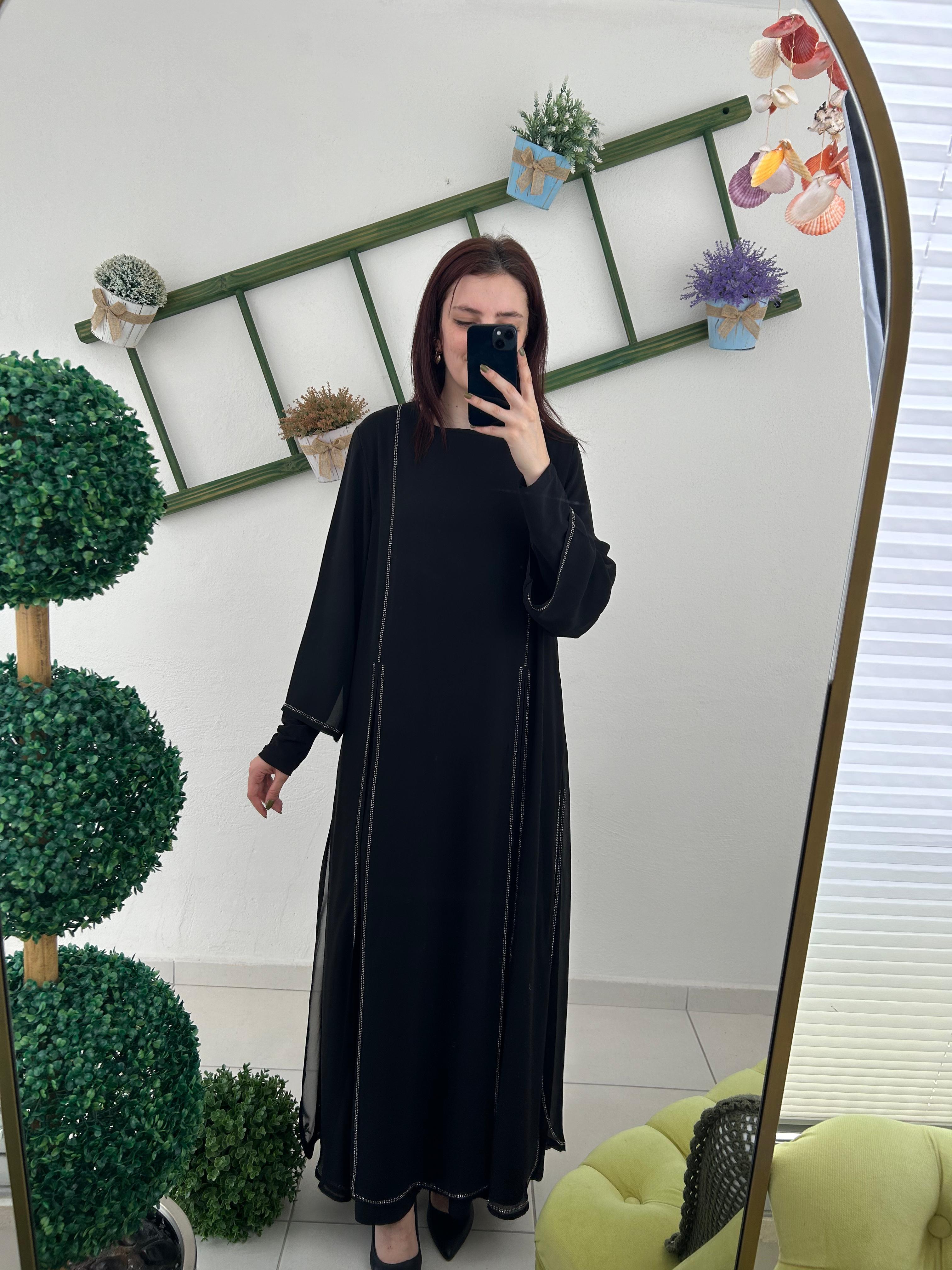 EFRAZE YANI TAŞLI ŞİFON ELBİSE 423/SIYAH/1 BEDEN