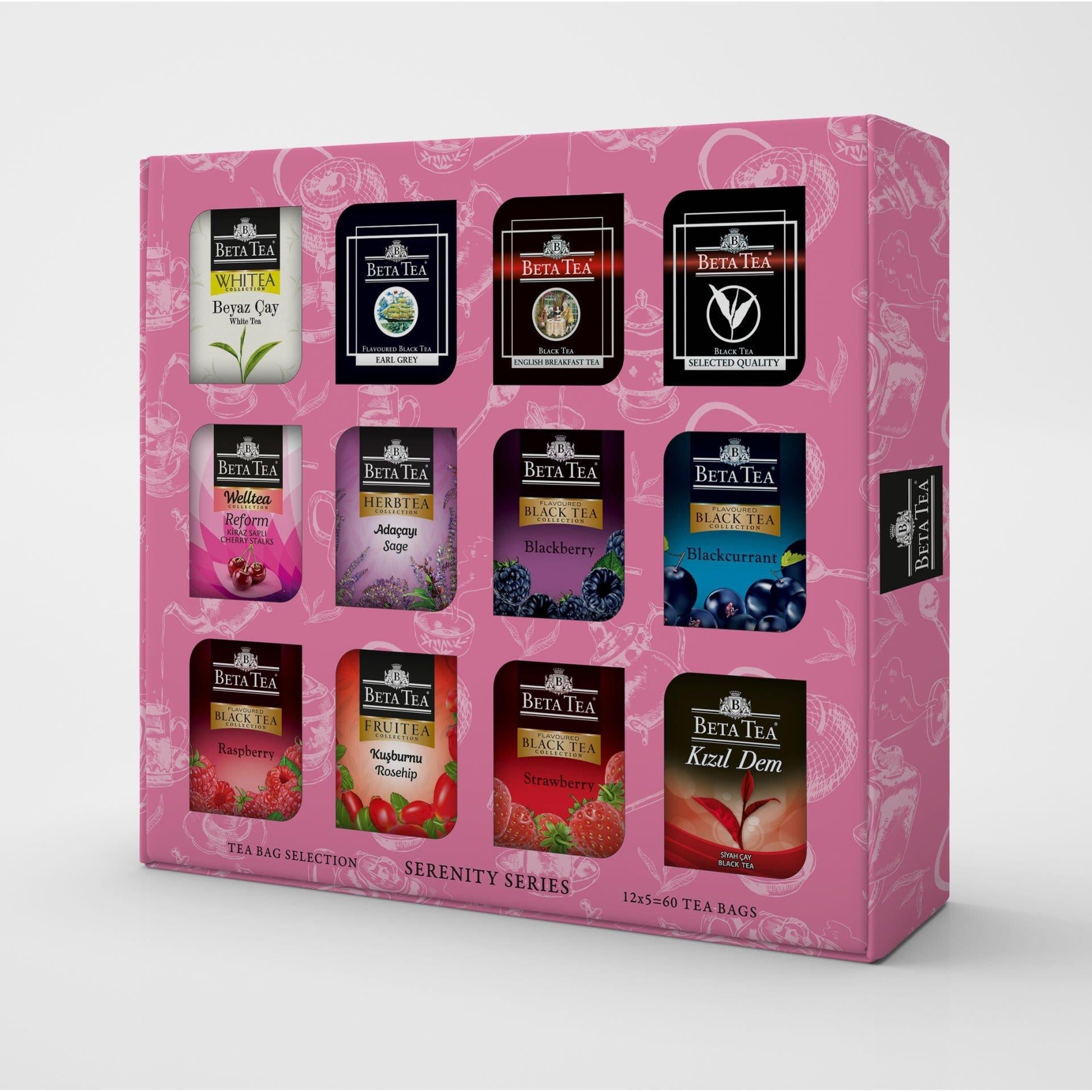 Beta Tea Hediyelik Çay Çeşitleri 60'lı Karışık Kutu, Serenity Series (12x5 Adet) (Siyah Çay, Beyaz Çay ve Bitki Çayları)