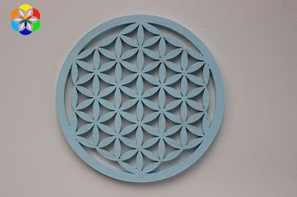 Yaşam Çiçeği Ahşap Bardak Altlığı & Küçük Grid Mavi Renkli