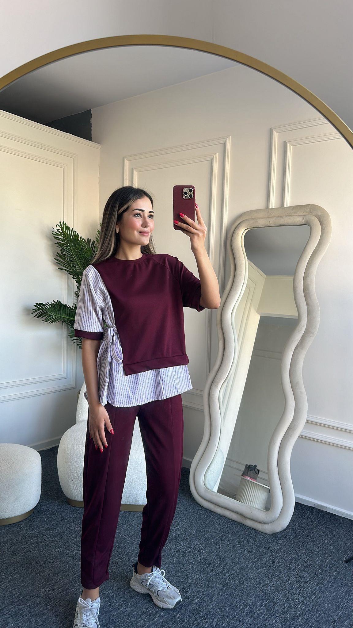 İkili Gömlek Detaylı Modal Takım Bordo