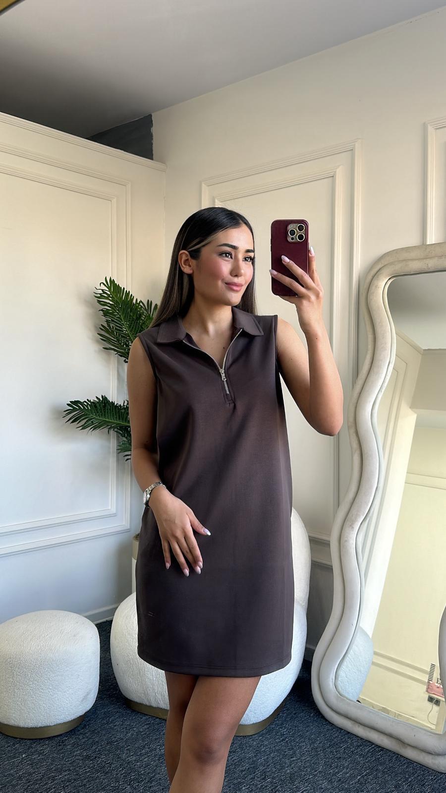 Modal Fermuarlı Elbise Kahverengi