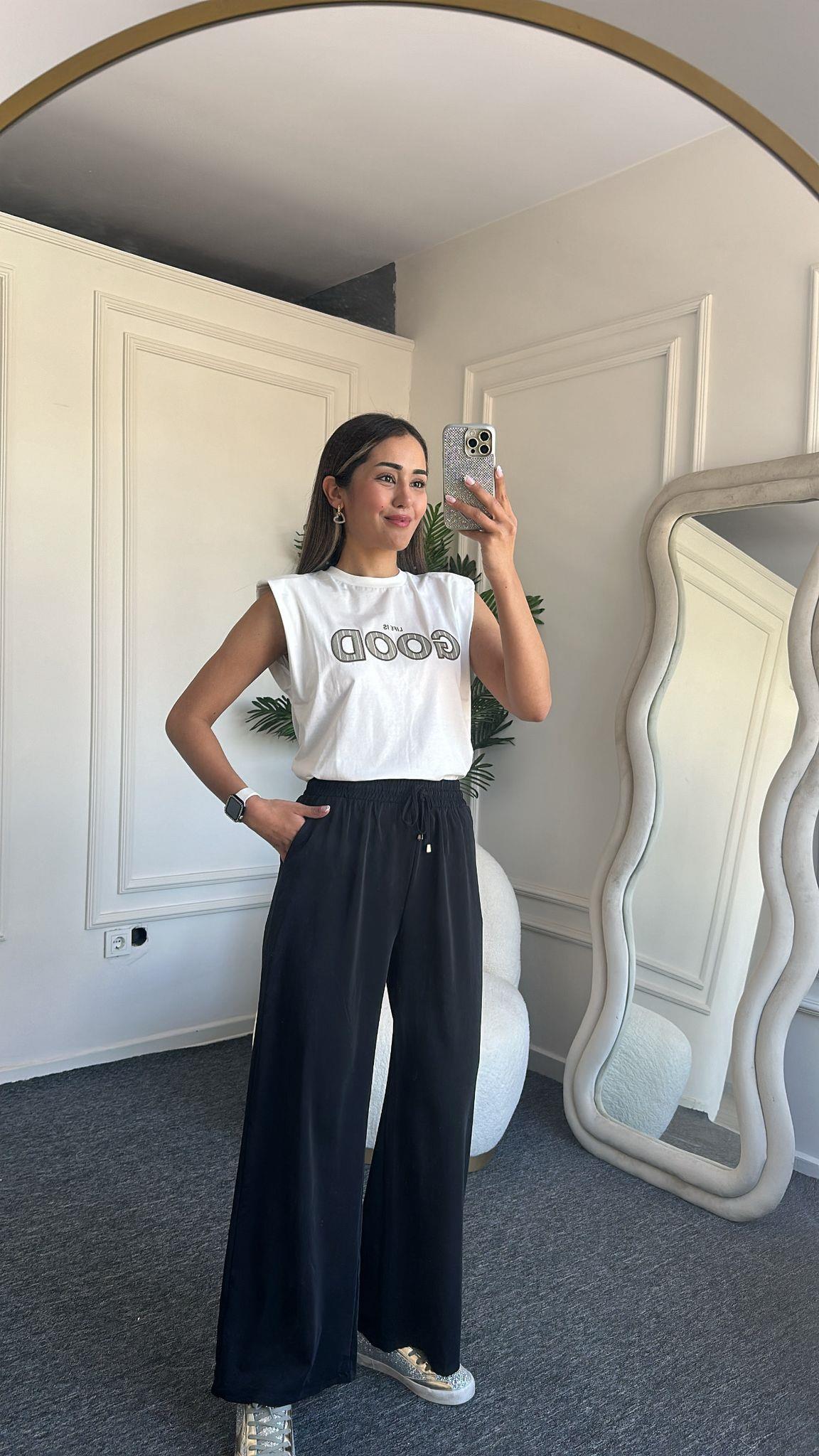 Siyah Beli Lastikli Tensel Pantolon